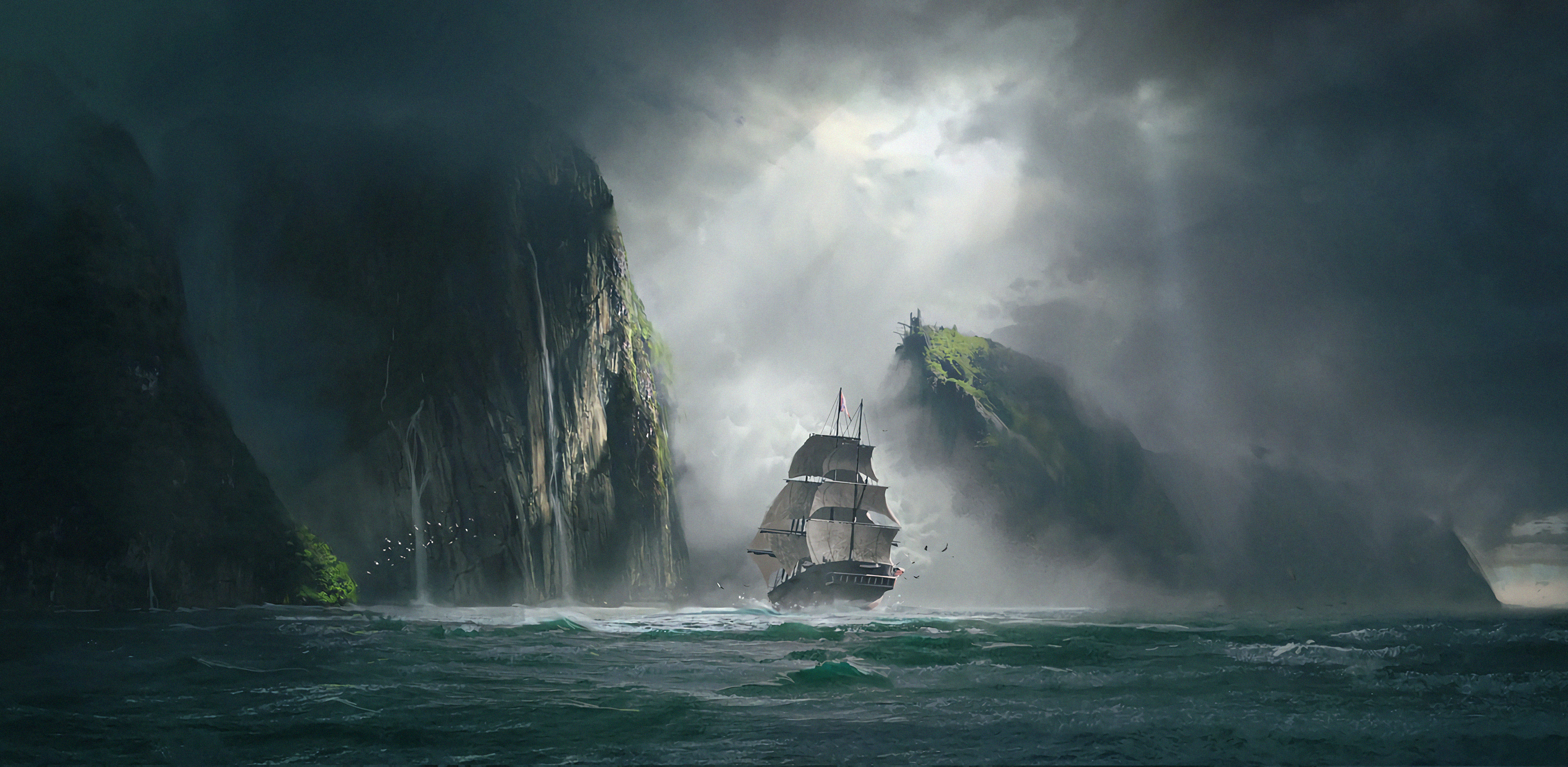 103558 скачать картинку туман, корабль, арт, море, скалы - обои и заставки бесплатно