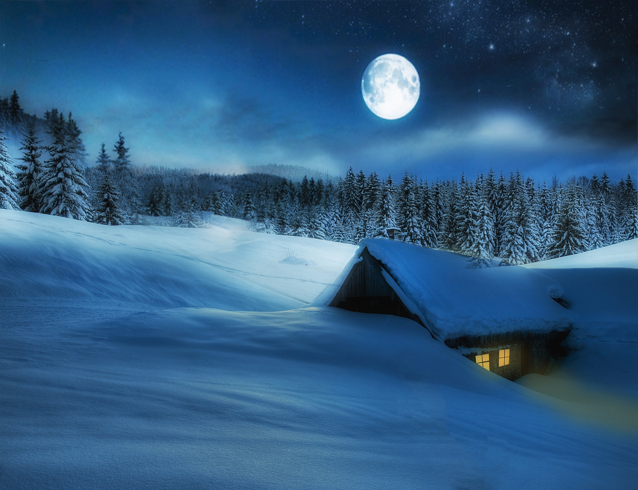 Скачать обои бесплатно Зима, Звезды, Ночь, Луна, Снег, Лес, Домик, Фотографии картинка на рабочий стол ПК