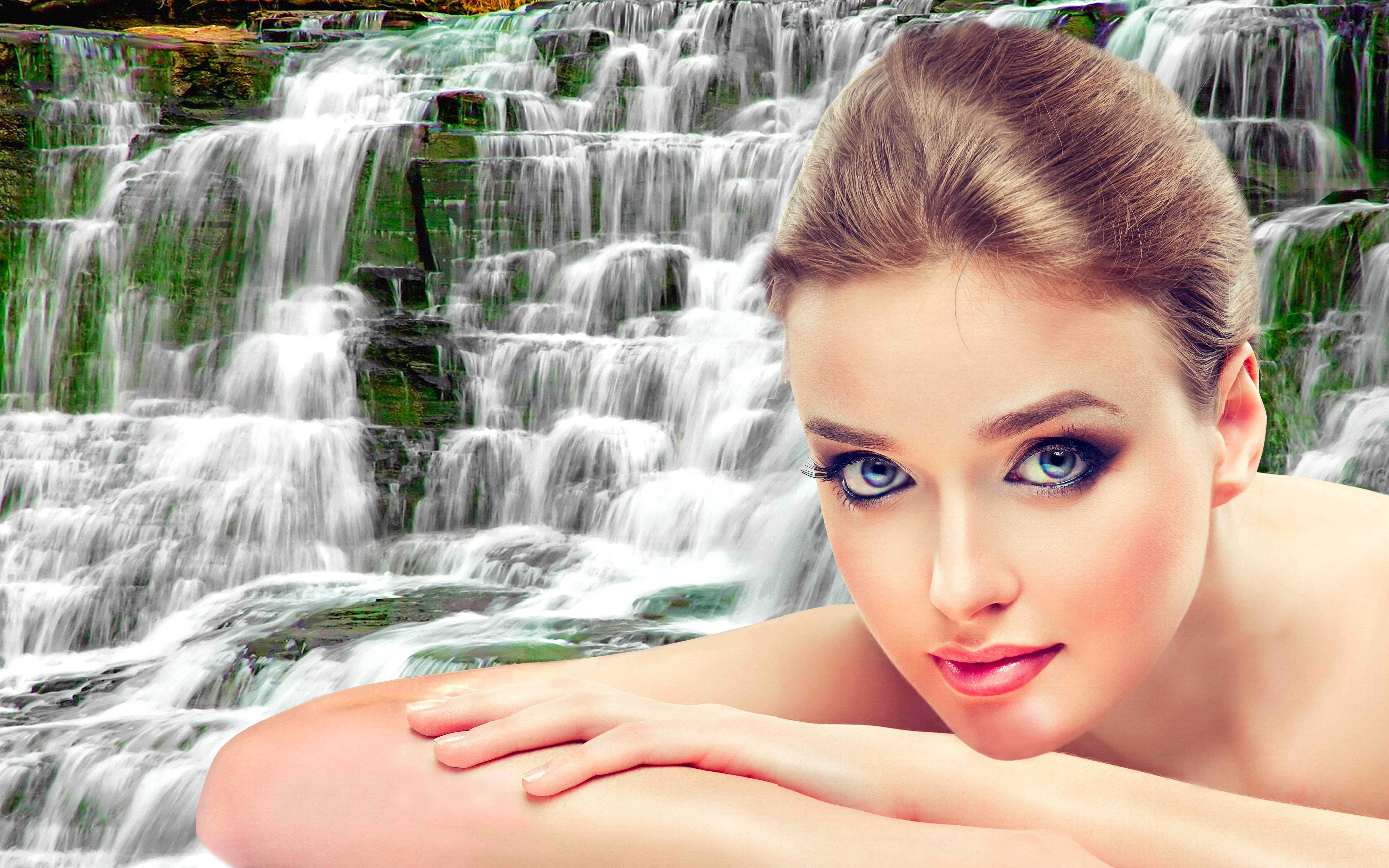 Download mobile wallpaper Waterfall, Beautiful, Hair, Face, Model, Women for free.