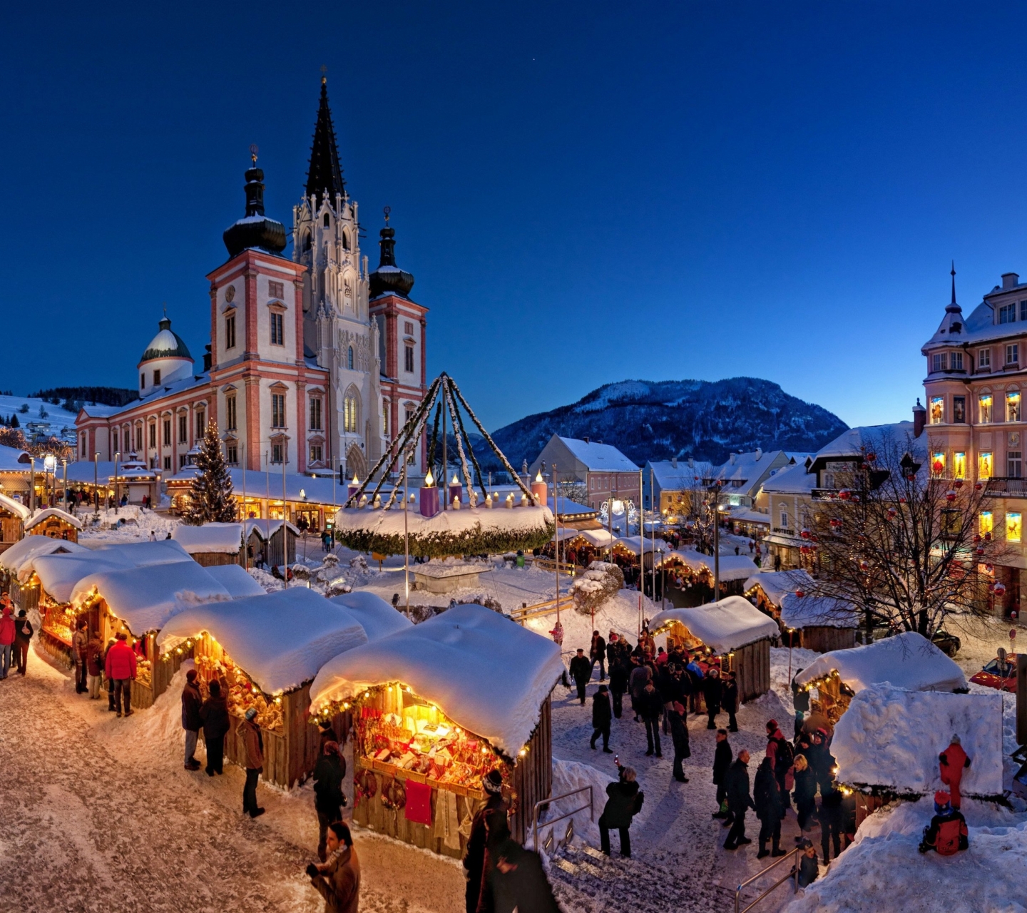 holiday, christmas, city, square, people, snow, market, light, decoration, building, night
