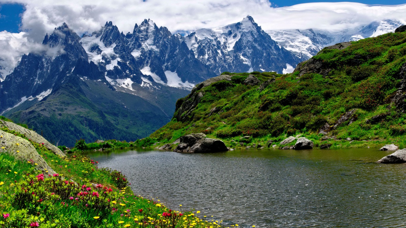 Скачать картинку Озера, Озеро, Цветок, Гора, Земля/природа в телефон бесплатно.