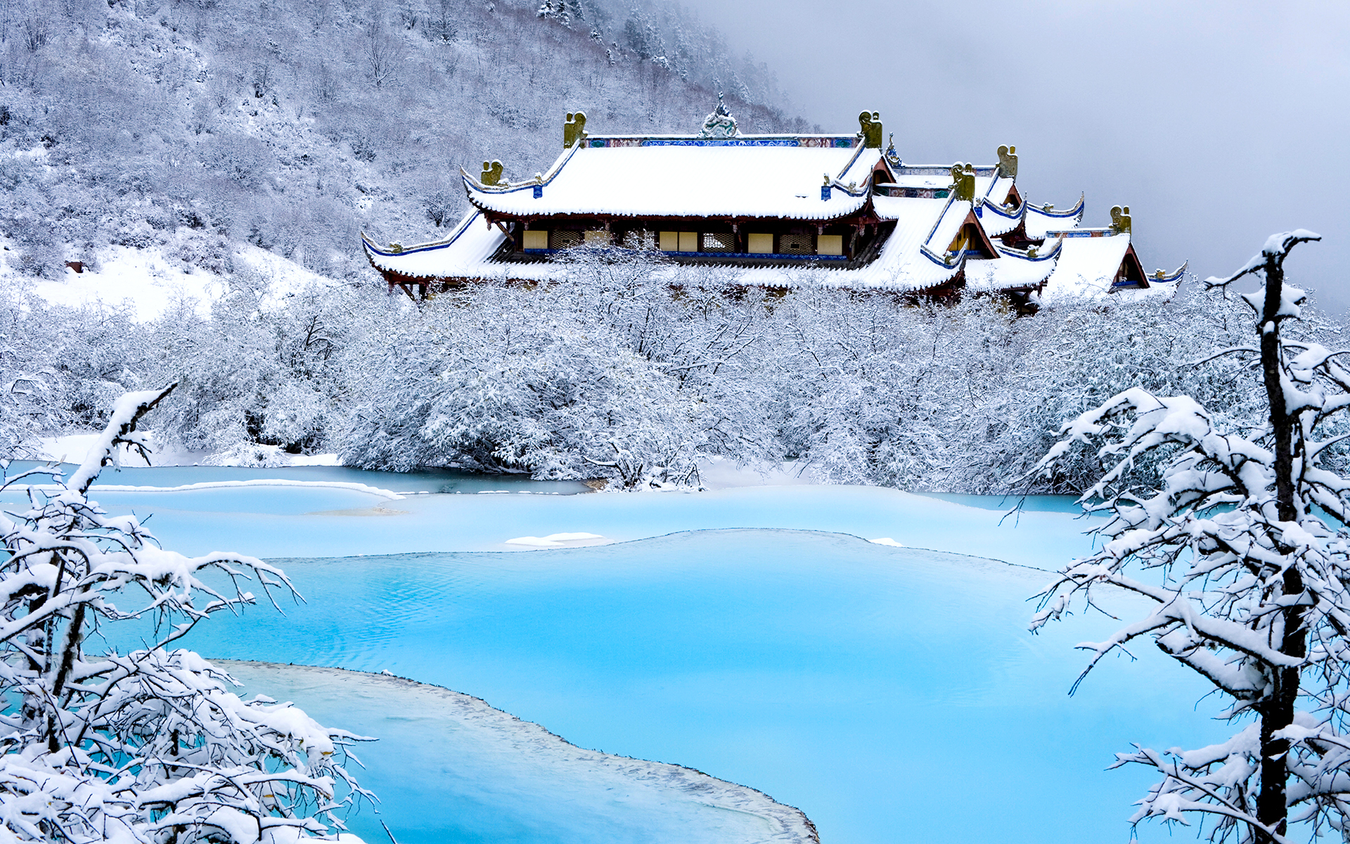 Free download wallpaper Winter, Snow, Lake, Temple, Frozen, China, Temples, Religious on your PC desktop