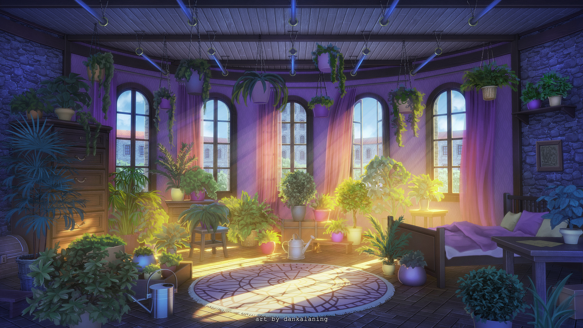 Download mobile wallpaper Anime, Room, Sunbeam, Pot Plant for free.