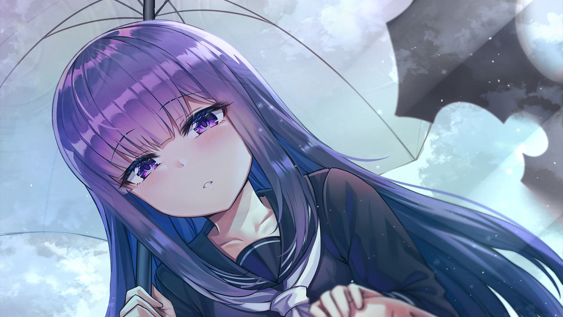 Free download wallpaper Anime, Umbrella, Original, School Uniform, Long Hair, Purple Eyes, Purple Hair on your PC desktop
