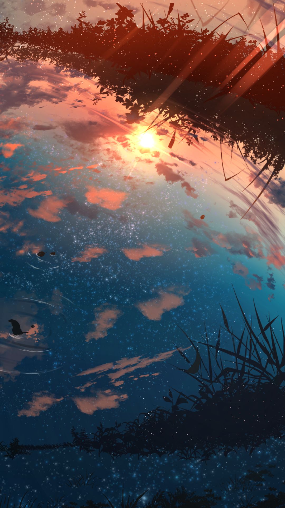 sunset, anime, water, puddle, sky