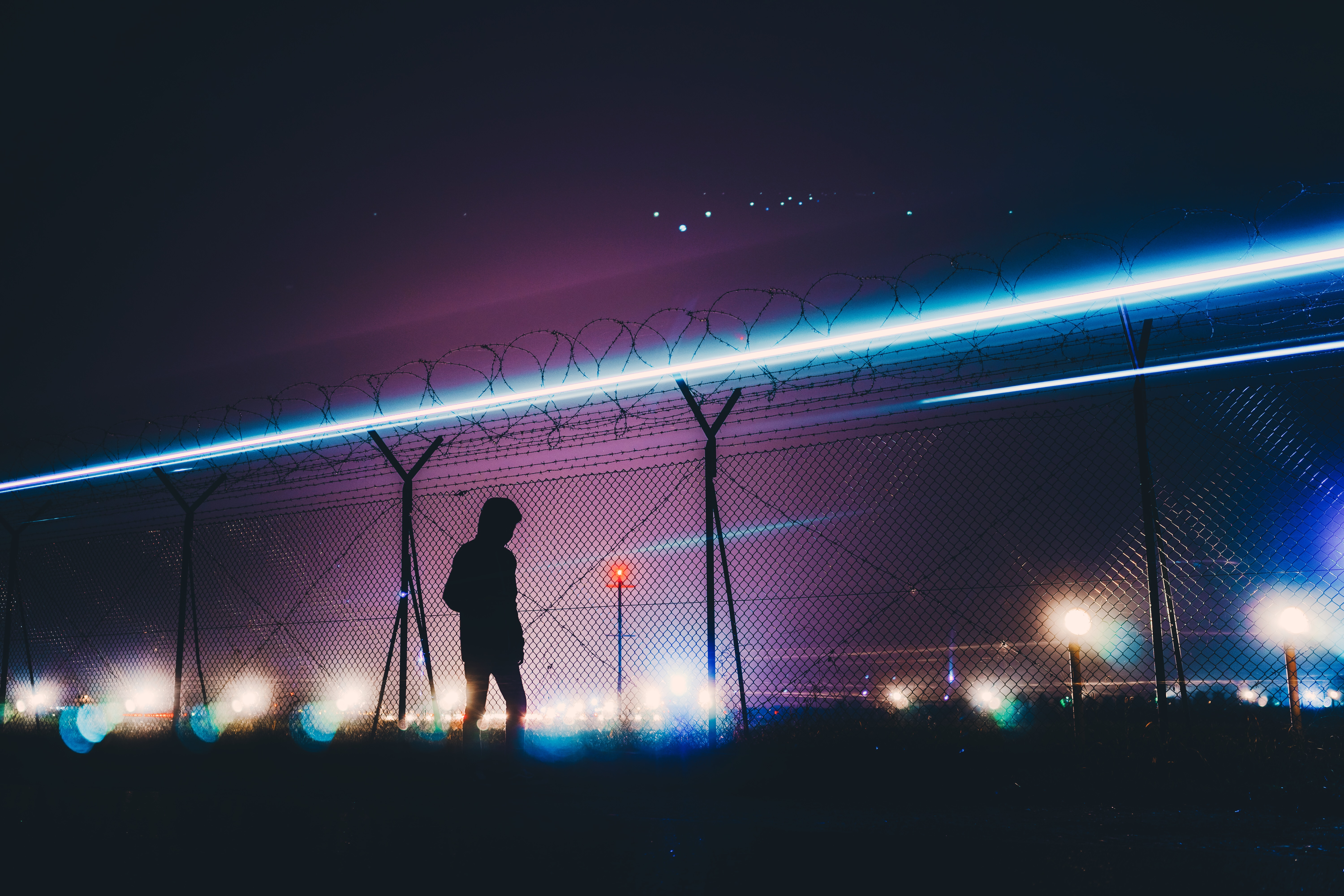 night, dark, silhouette, human, person, barbed wire