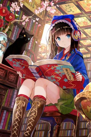 Download mobile wallpaper Anime, Headphones, Cat, Book, Original for free.