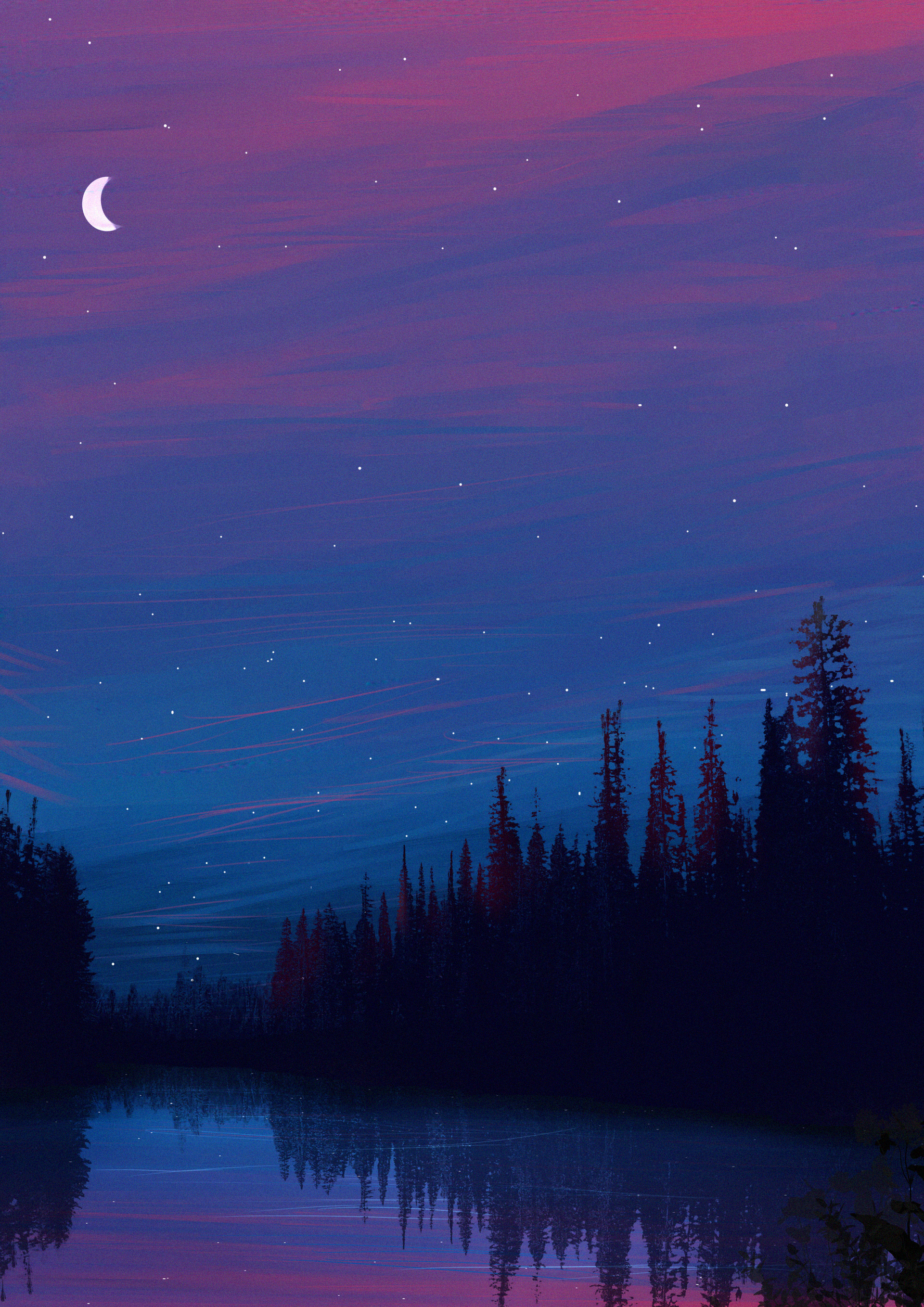 art, starry sky, night, landscape, lake Full HD