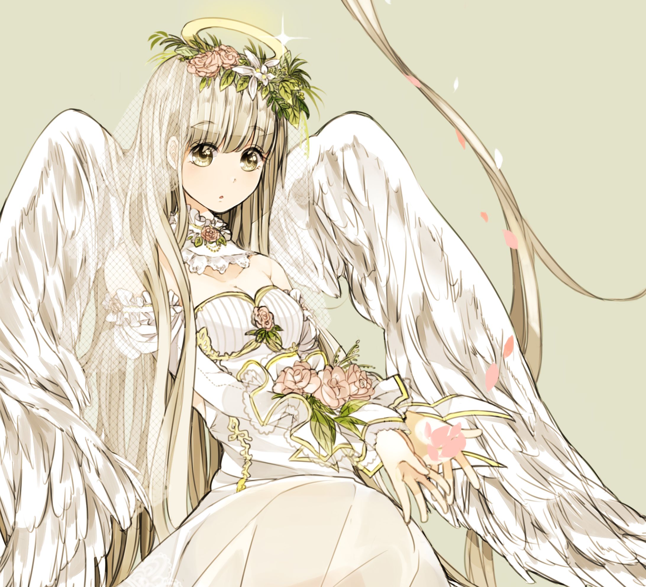 Download mobile wallpaper Anime, Flower, Wings, Angel, Blonde, Petal, Yellow Eyes, Long Hair for free.