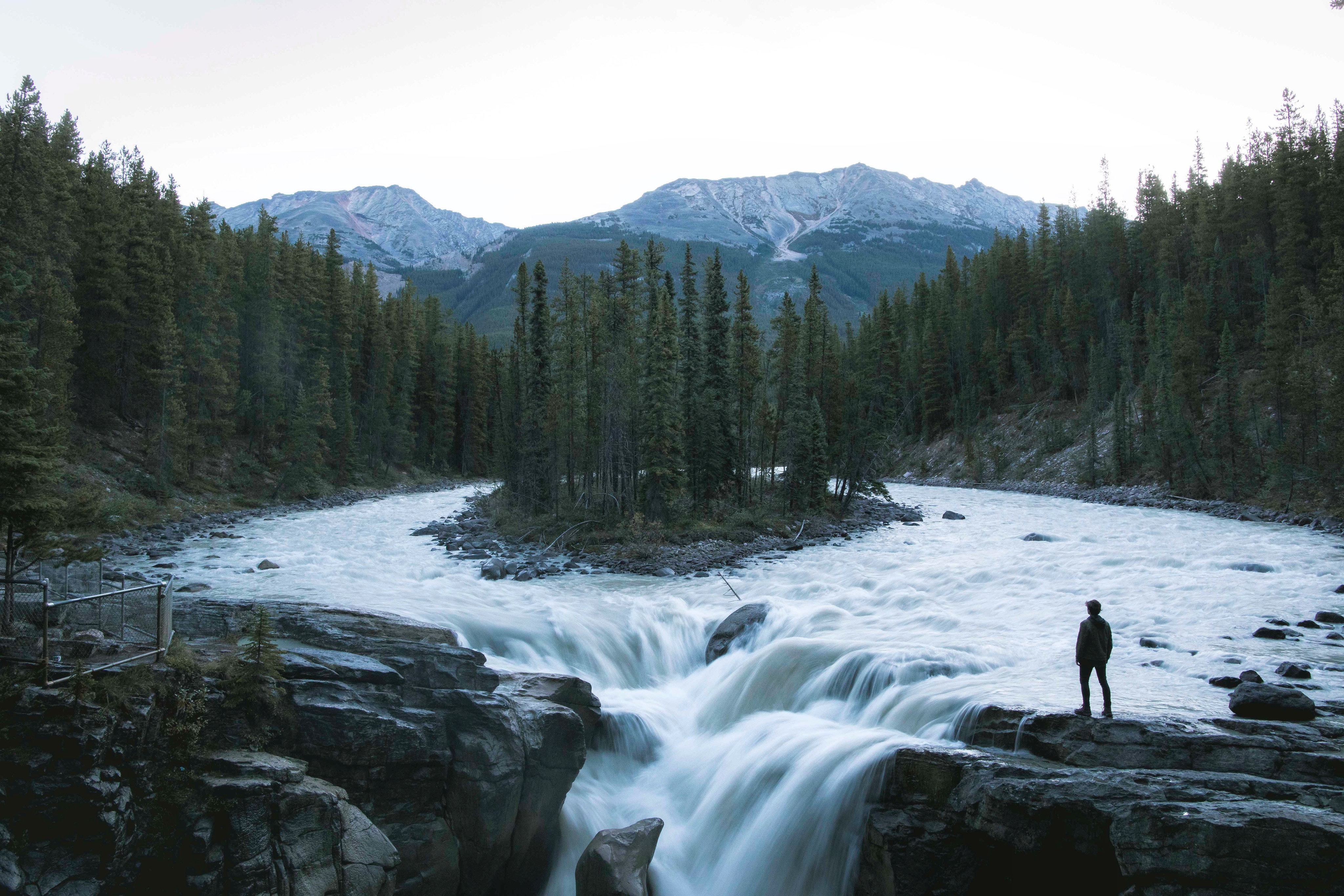waterfall, nature, mountains, human, person, loneliness Ultra HD, Free 4K, 32K