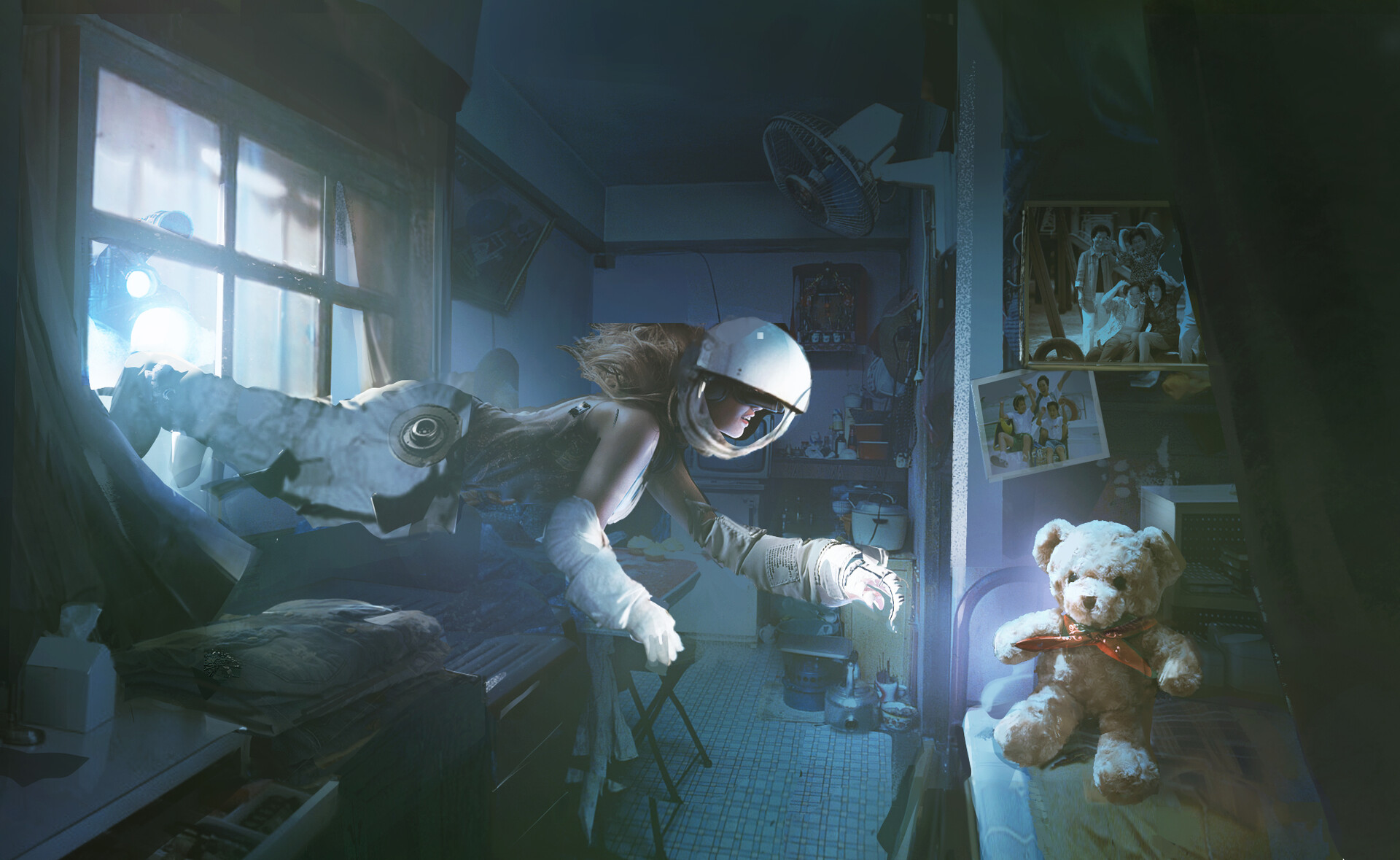 Download mobile wallpaper Teddy Bear, Room, Sci Fi, Astronaut for free.