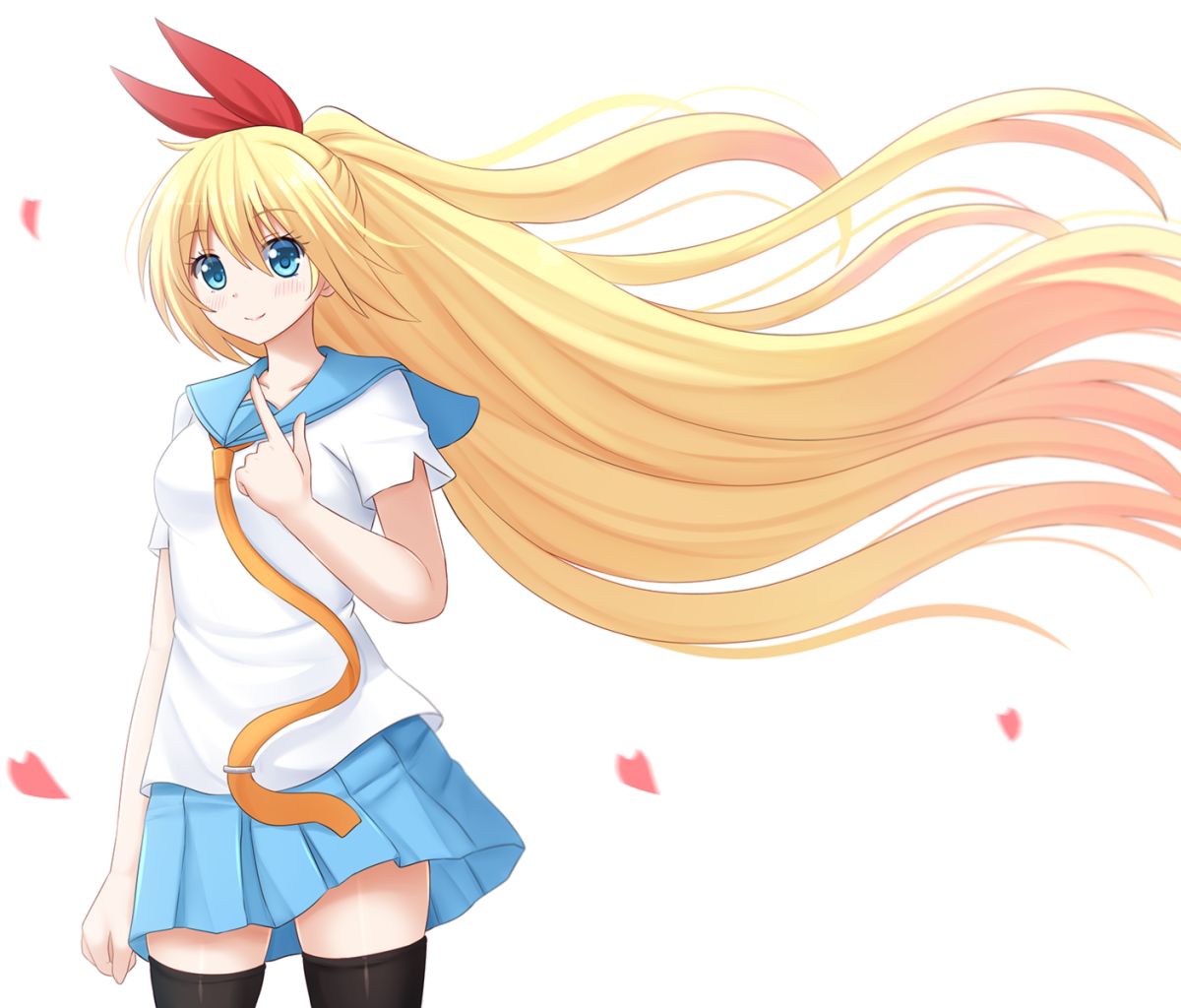 Free download wallpaper Anime, Smile, Blonde, Petal, Skirt, Tie, Blue Eyes, Blush, School Uniform, Long Hair, Thigh Highs, Chitoge Kirisaki, Nisekoi on your PC desktop