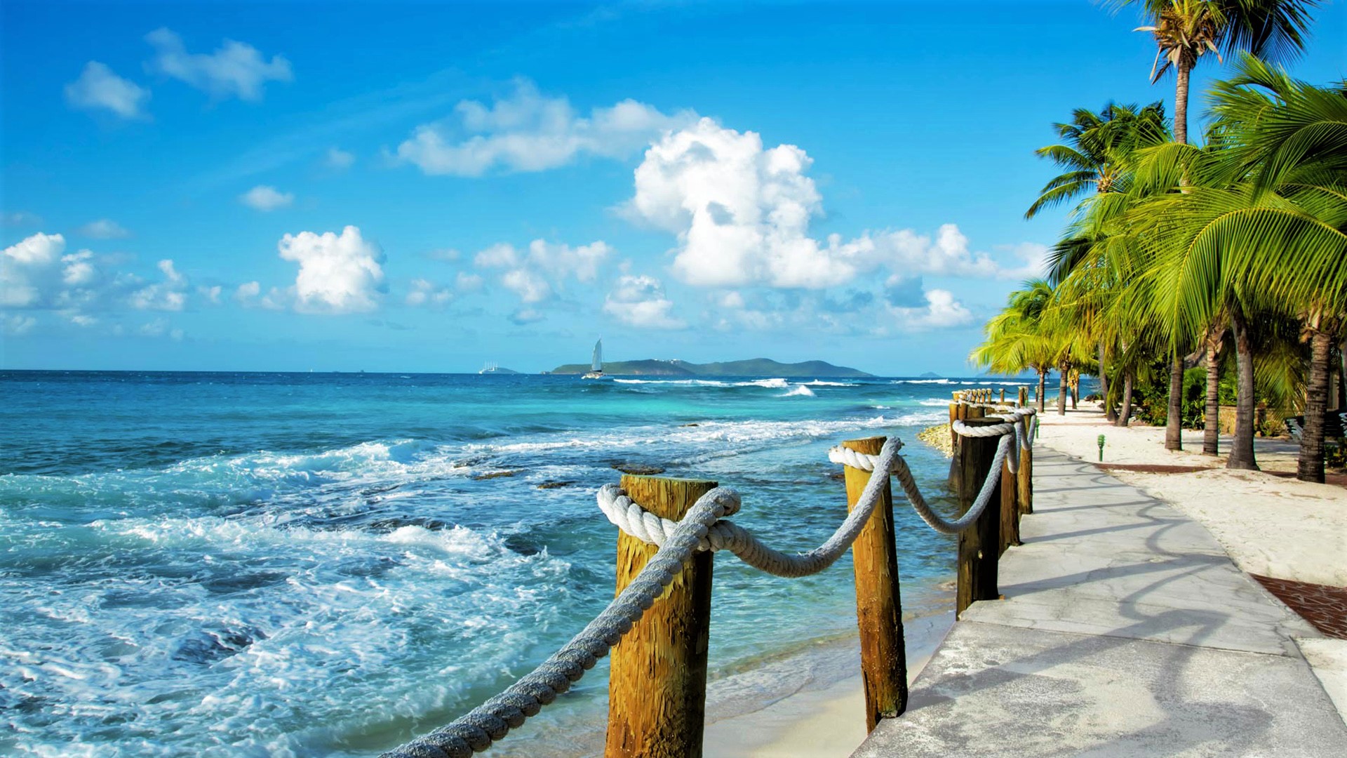 861151 скачать картинку карибский бассейн, море, пальмы, фотографии, океан, ограда, горизонт, веревка, волна - обои и заставки бесплатно