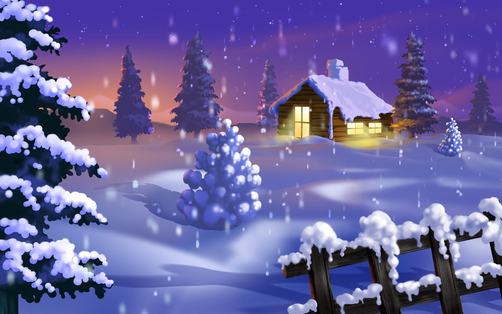 winter, houses, pictures, blue Panoramic Wallpaper