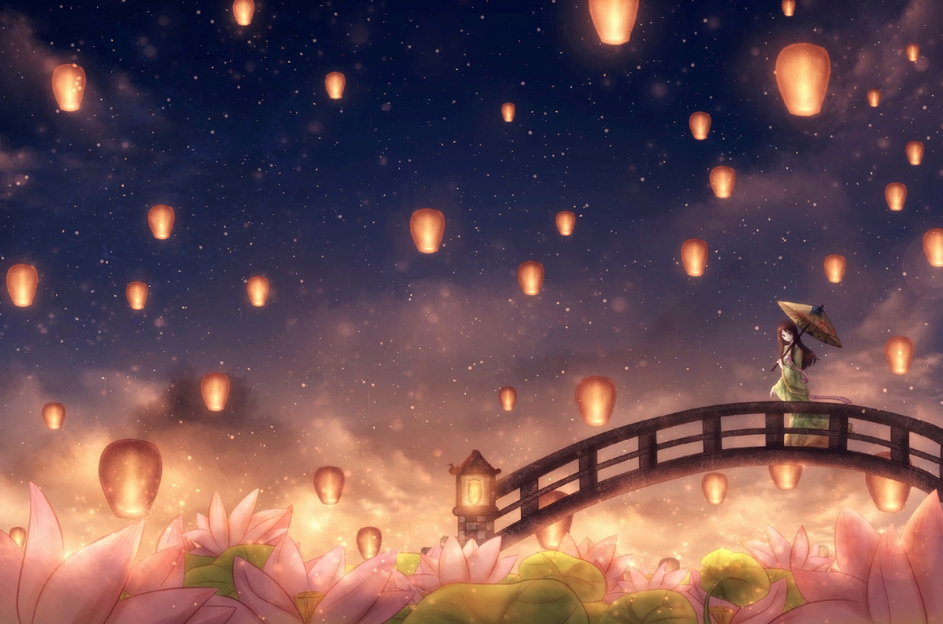 Free download wallpaper Anime, Stars, Night, Flower, Light, Bridge, Lantern, Umbrella, Original on your PC desktop