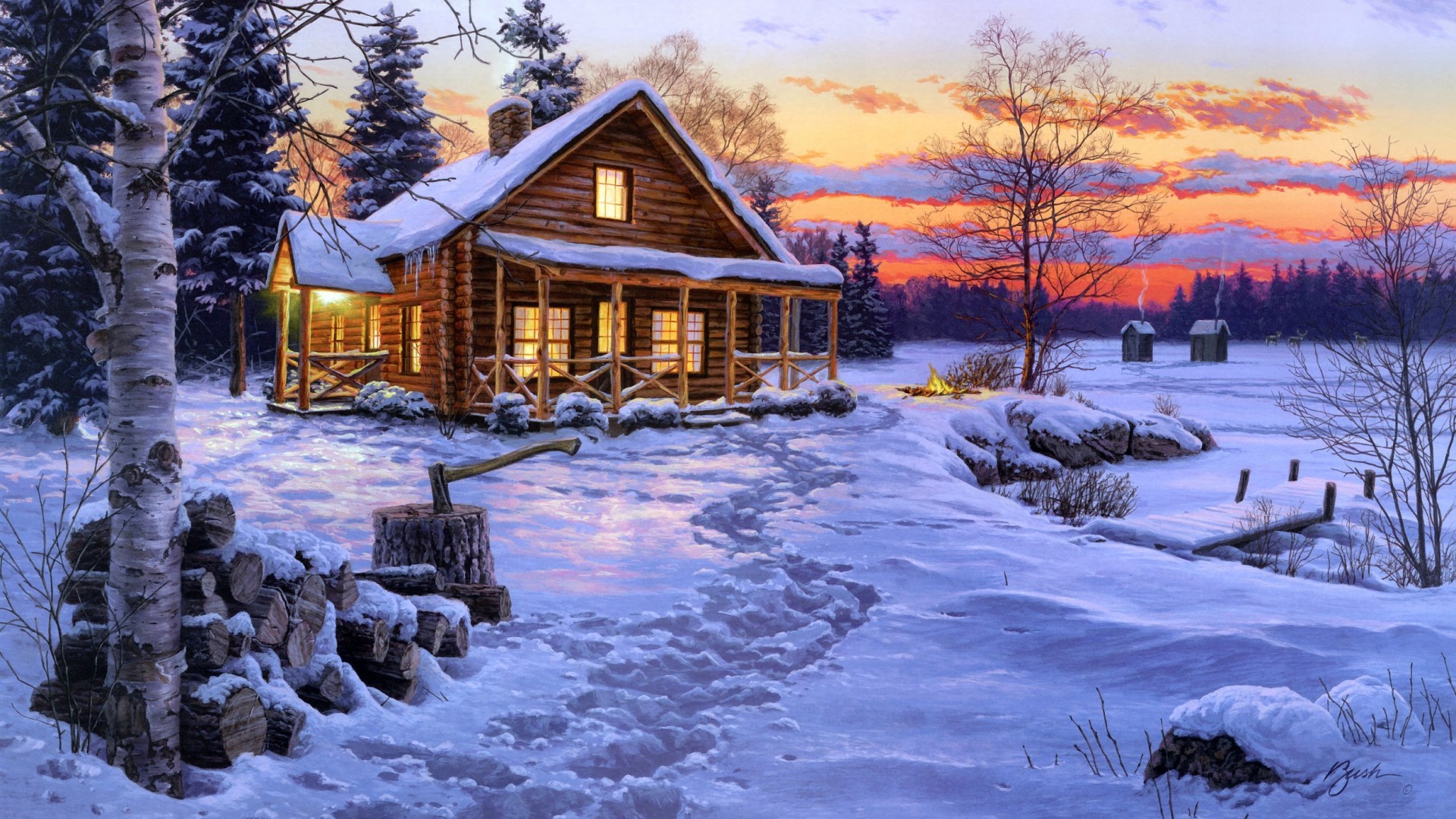 Download mobile wallpaper Winter, Sunset, Snow, Artistic, Cabin for free.