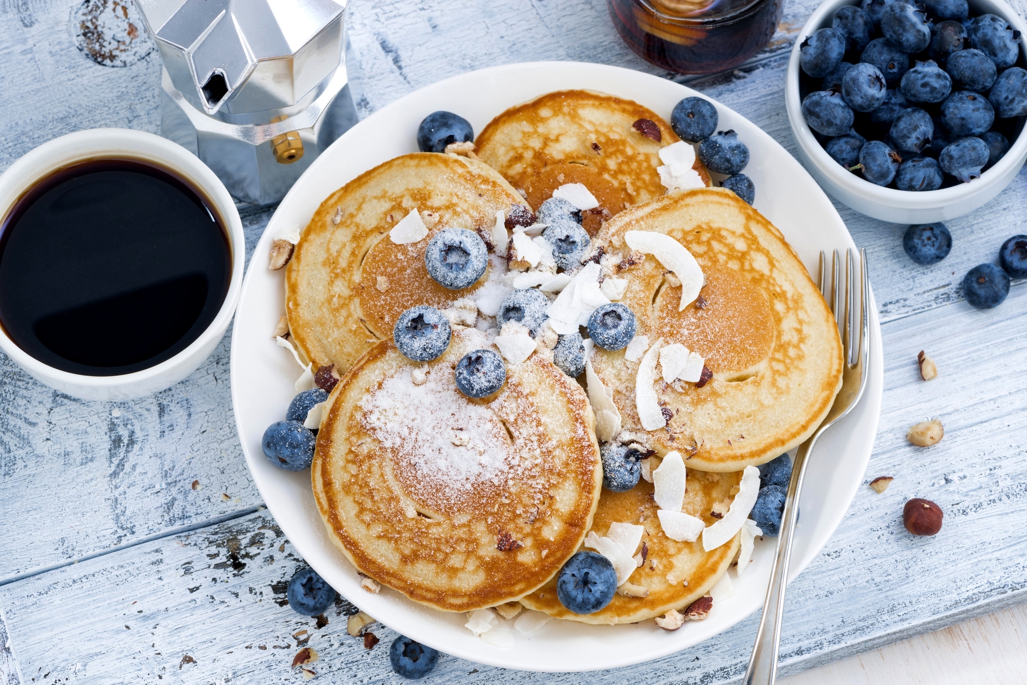 Download mobile wallpaper Food, Blueberry, Coffee, Breakfast, Pancake for free.