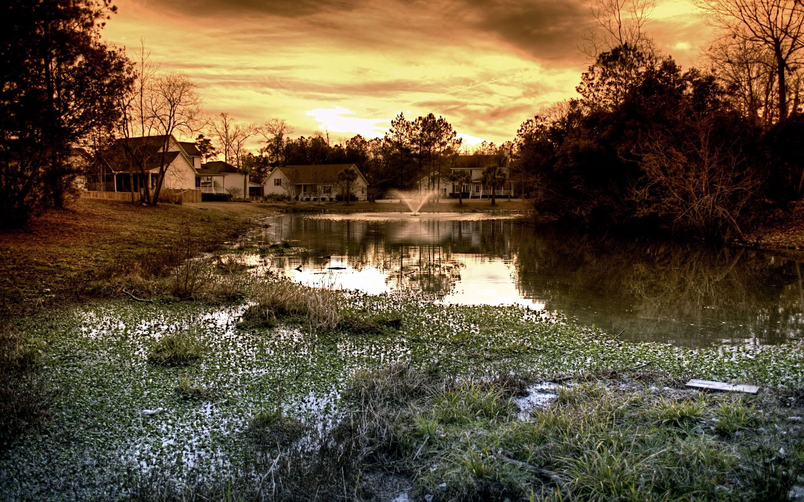 houses, nature, fountain, evening, mainly cloudy, overcast, pond