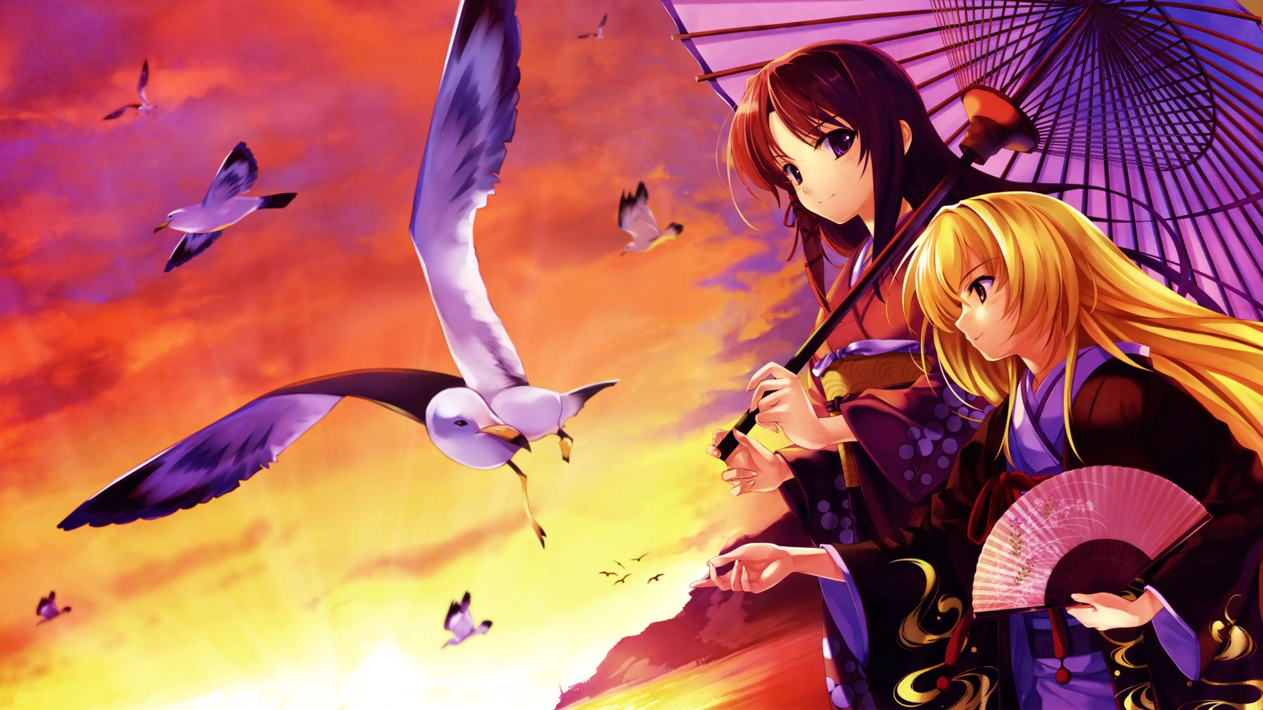 Download mobile wallpaper Gull, Seagull, Umbrella, Kimono, Girls, Anime for free.