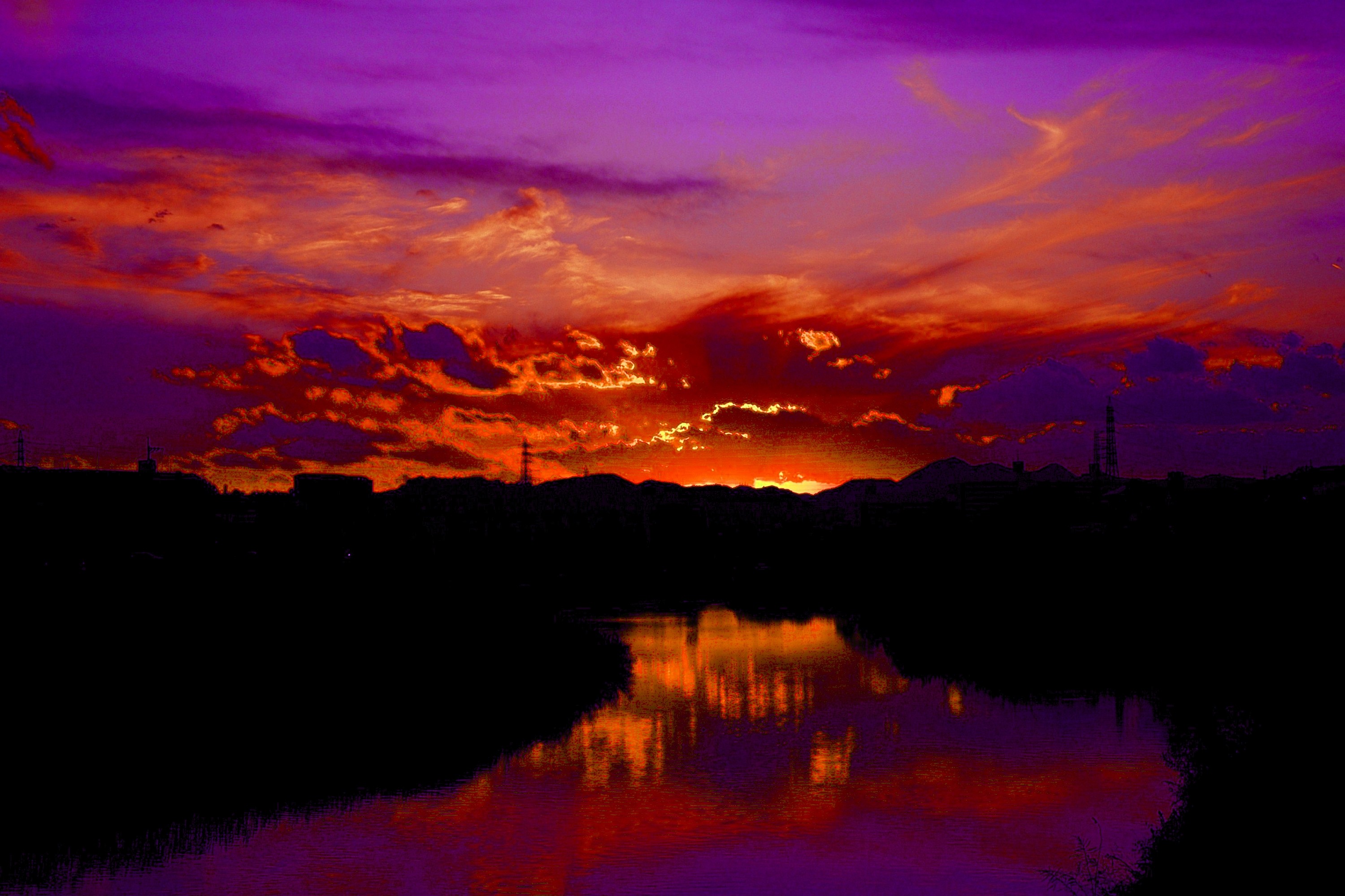 Laden Sie das Silhouette, Fluss, Erde, Fotografie, Himmel, Sonnenuntergang, Orange Farbe)-Bild kostenlos auf Ihren PC-Desktop herunter