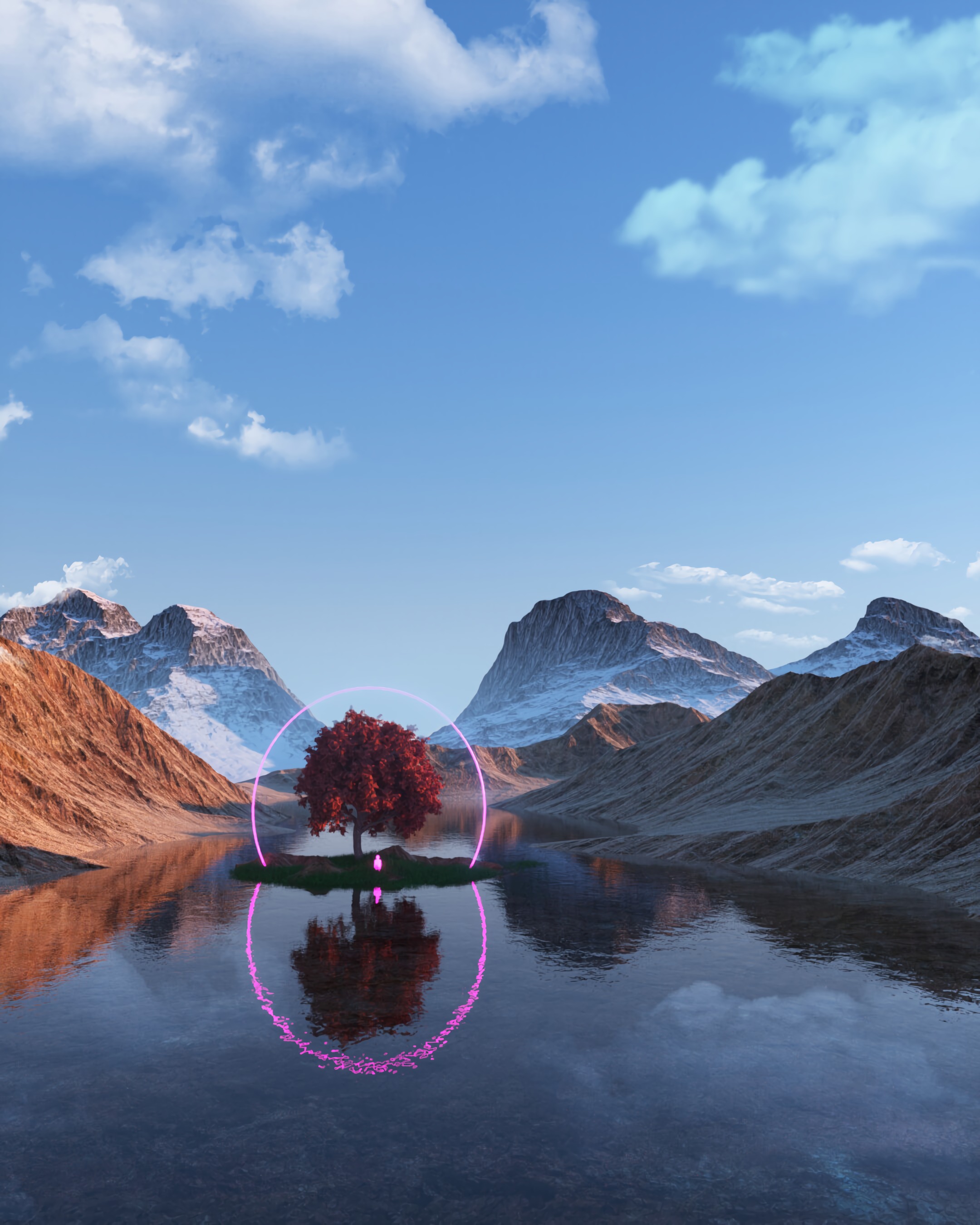 Download mobile wallpaper Reflection, Wood, Lake, Ring, Tree, 3D, Mountains, Neon for free.