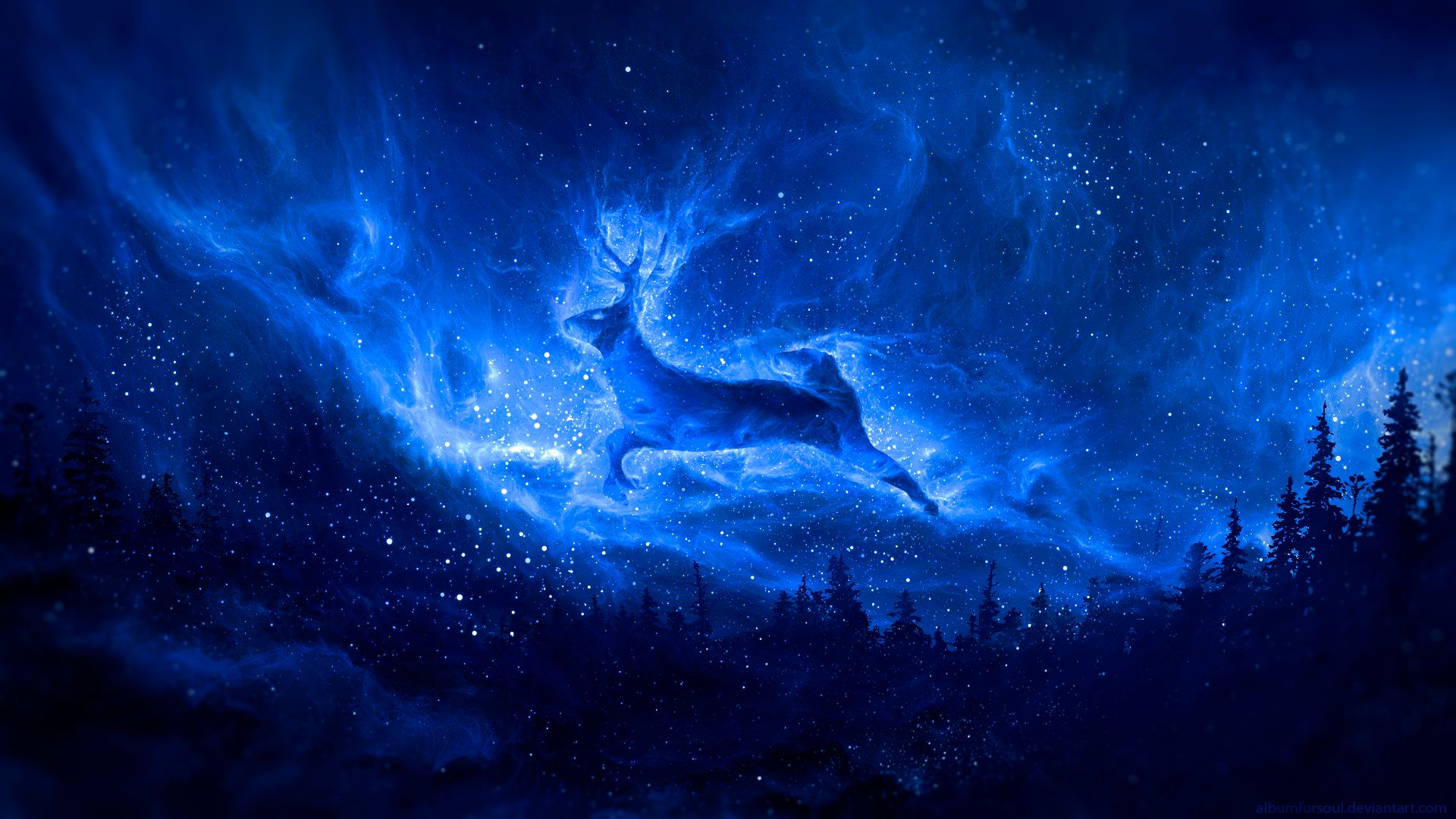 Download mobile wallpaper Fantasy, Sky, Stars, Night, Deer, Spirit, Fantasy Animals for free.