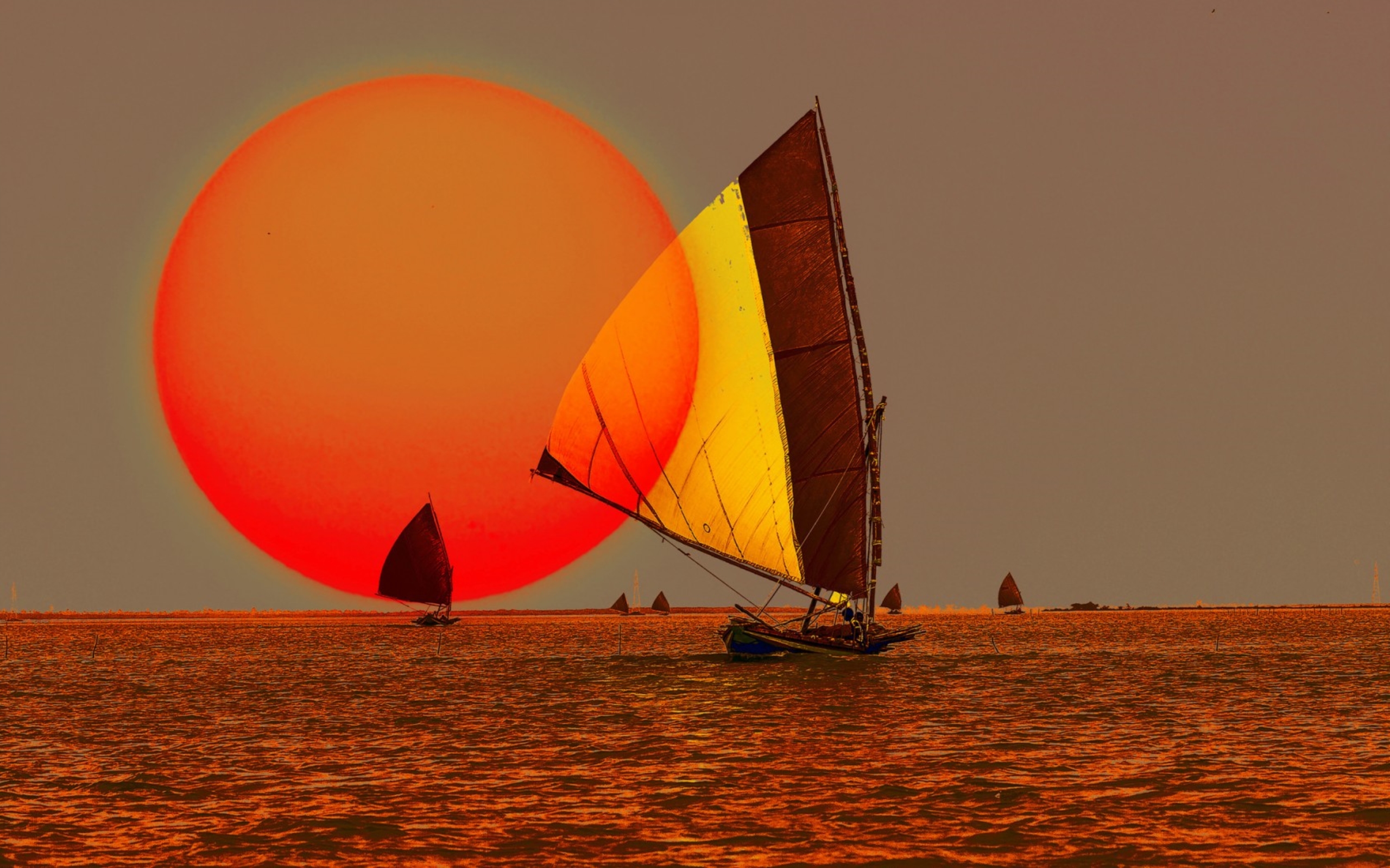 Download mobile wallpaper Sunset, Sun, Ocean, Sailboat, Artistic, Sailing, Cgi for free.