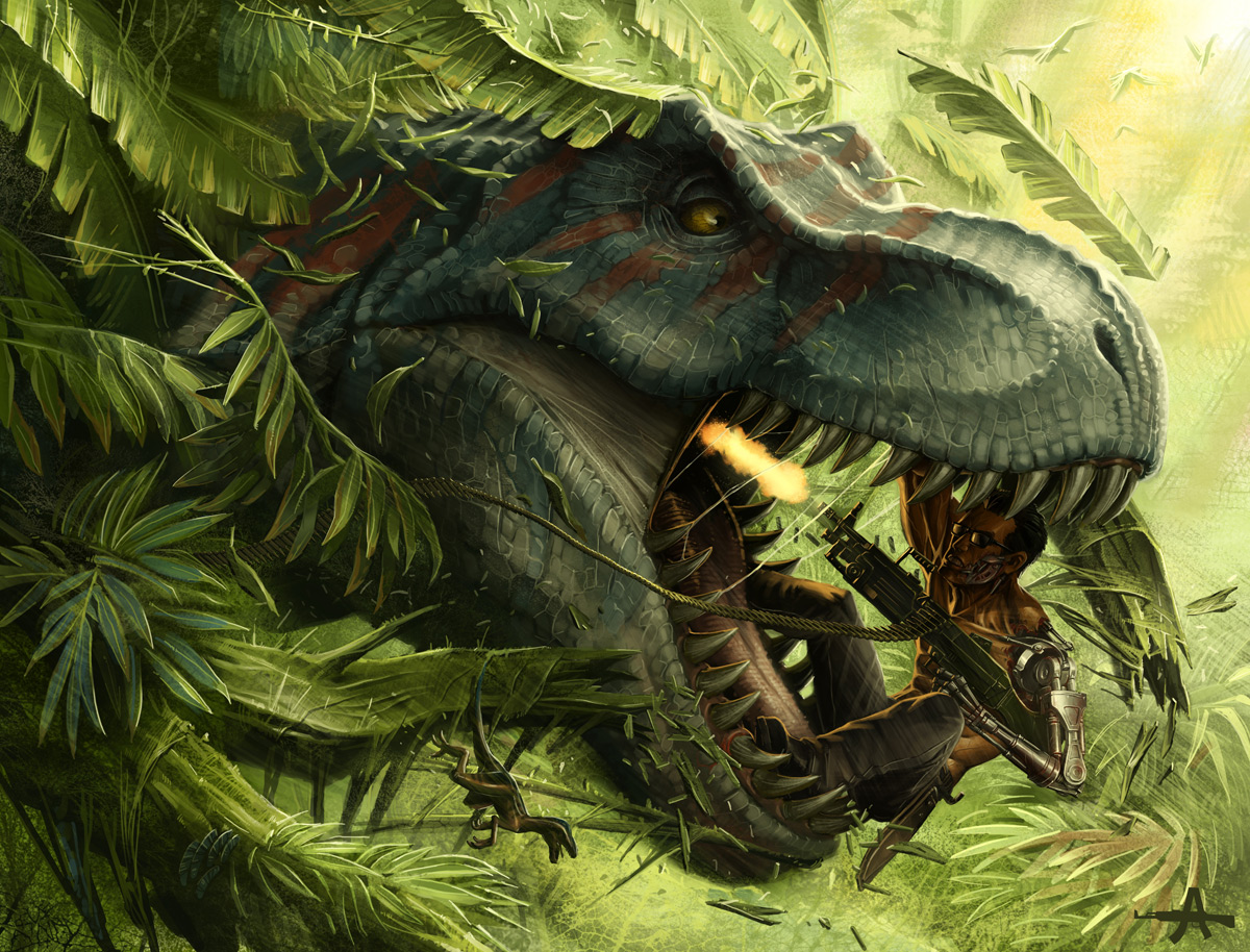 1518658 скачать обои динозавр, джунгли, другой, научная фантастика, киборг, пистолет, тиранозавр рекс - заставки и картинки бесплатно