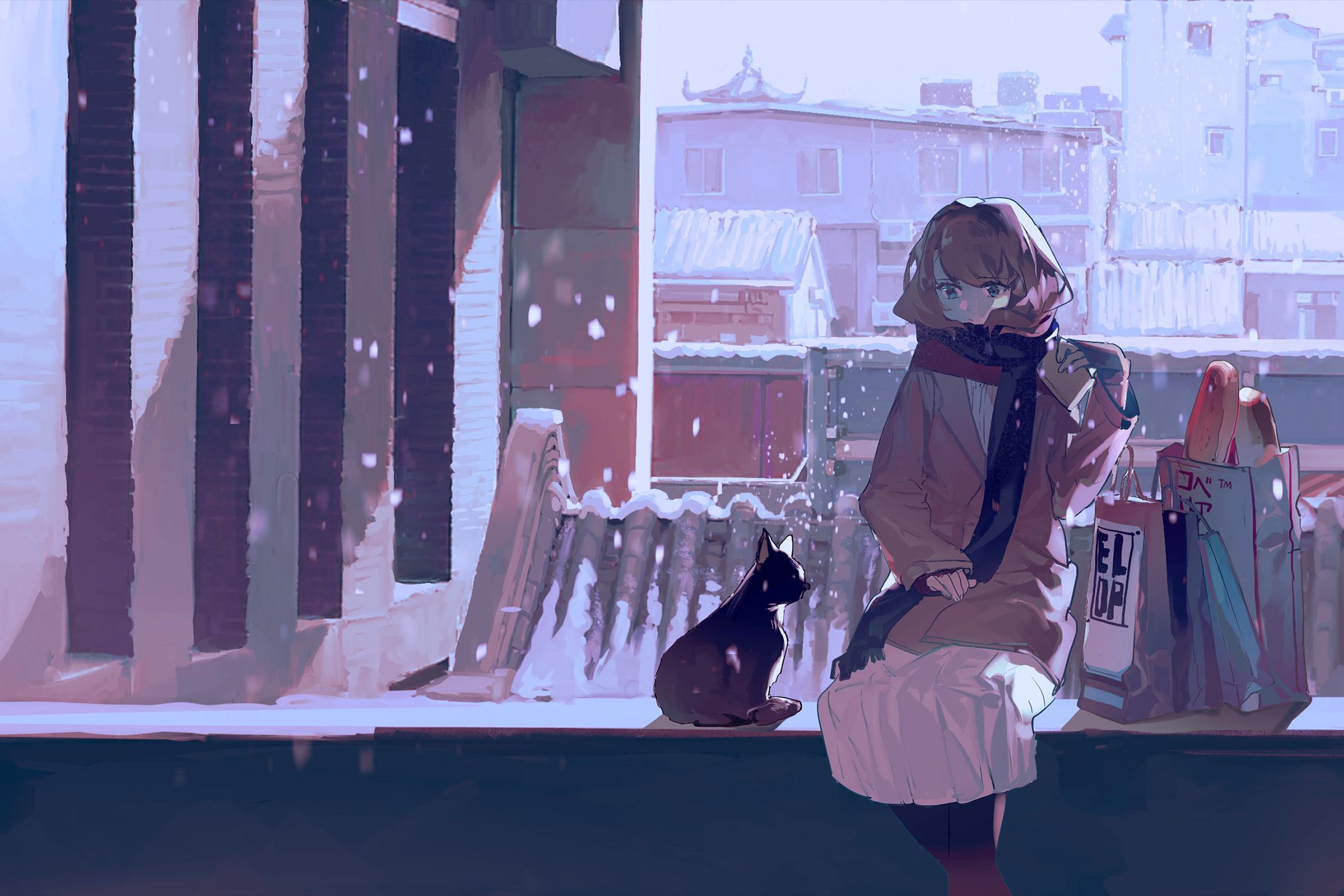 Laden Sie das Mädchen, Schnee, Katze, Animes-Bild kostenlos auf Ihren PC-Desktop herunter