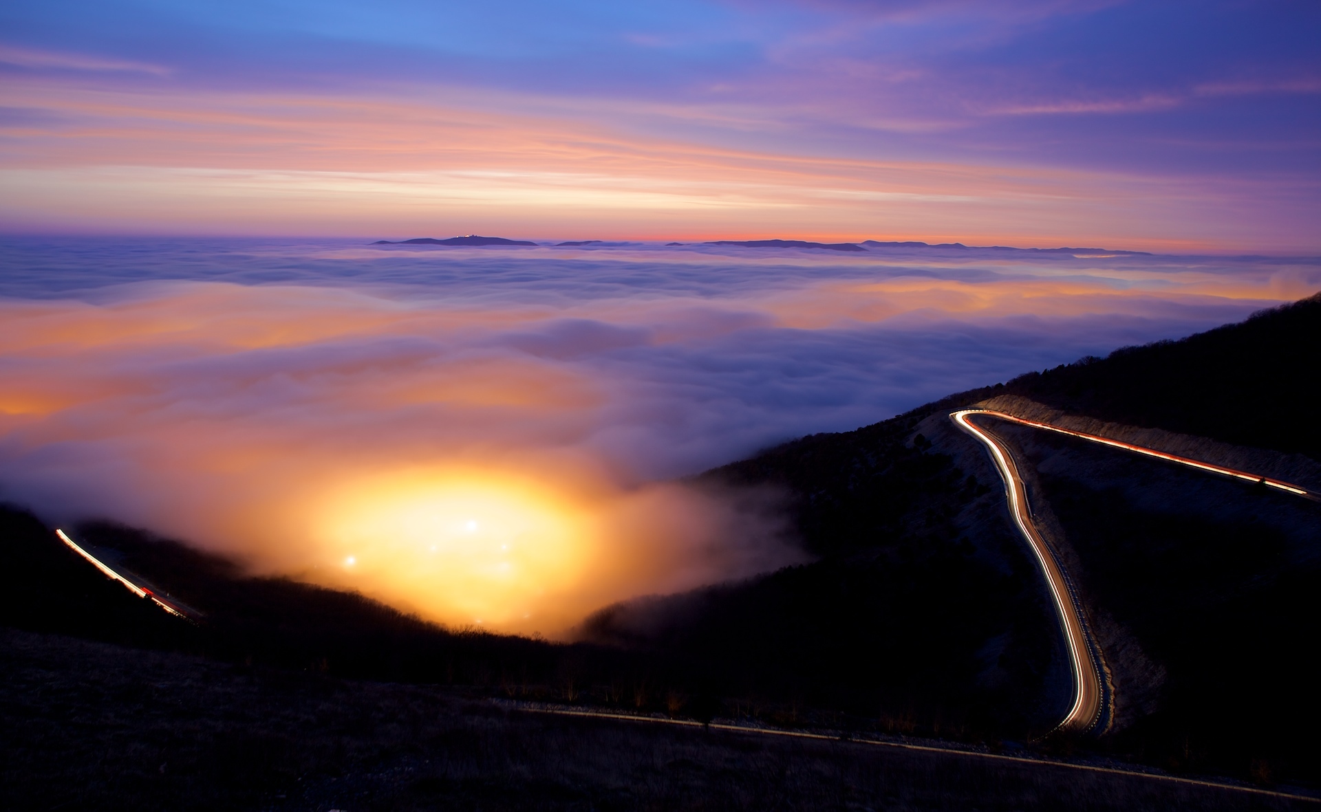 Free download wallpaper Night, Horizon, Road, Cloud, Man Made, Time Lapse on your PC desktop