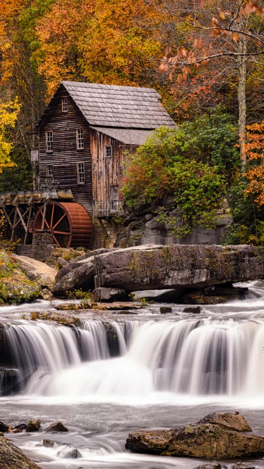 Download mobile wallpaper Waterfall, Forest, River, Mill, Man Made, Watermill for free.