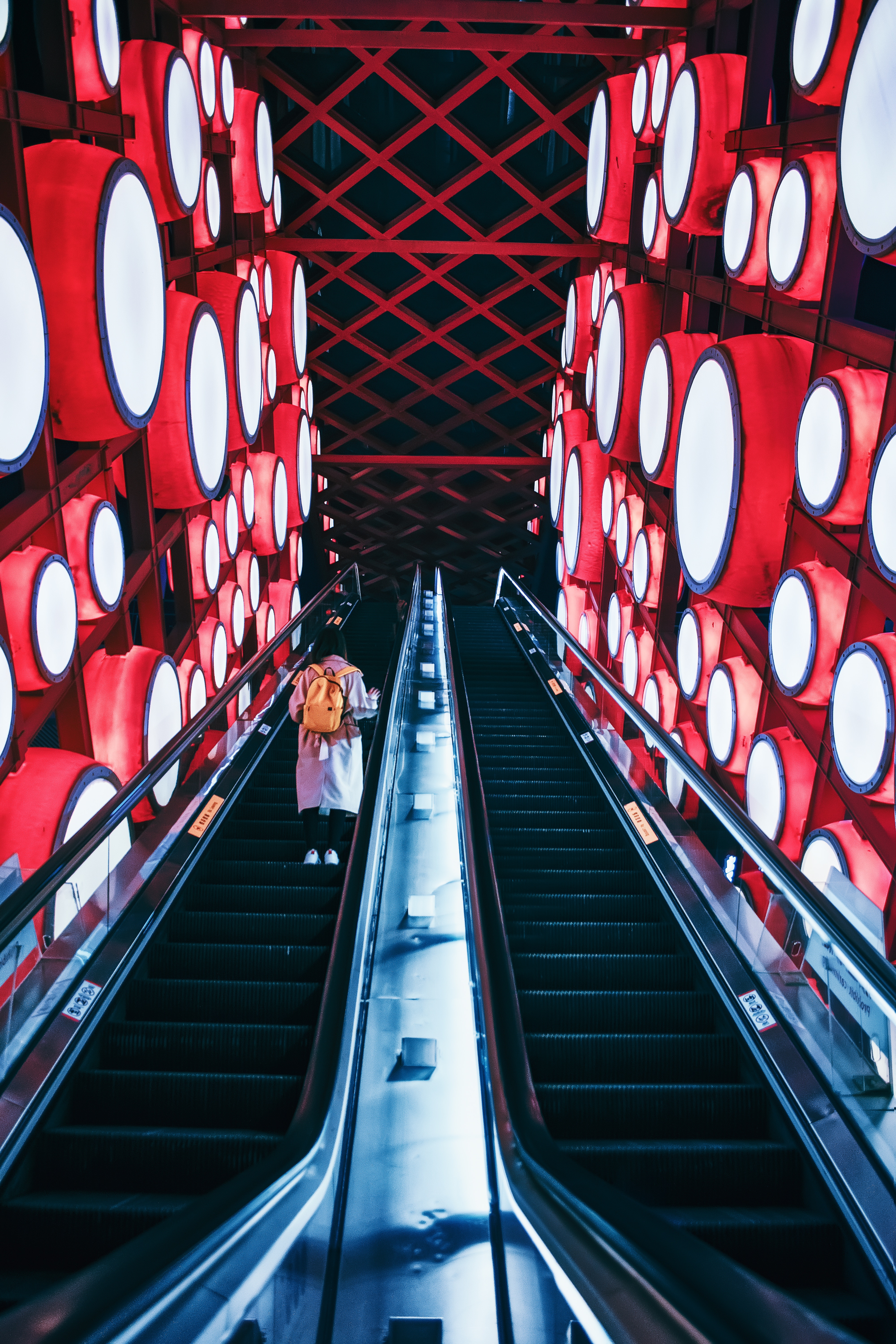 interior, red, lights, miscellanea, miscellaneous, lanterns, human, person, steps, escalator