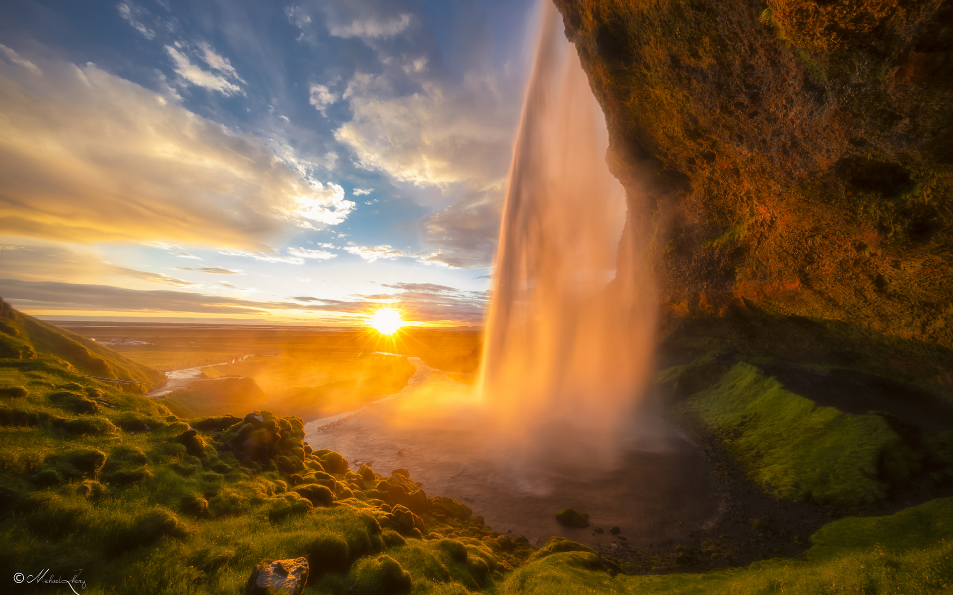 Free download wallpaper Nature, Sunset, Waterfalls, Waterfall, Earth on your PC desktop