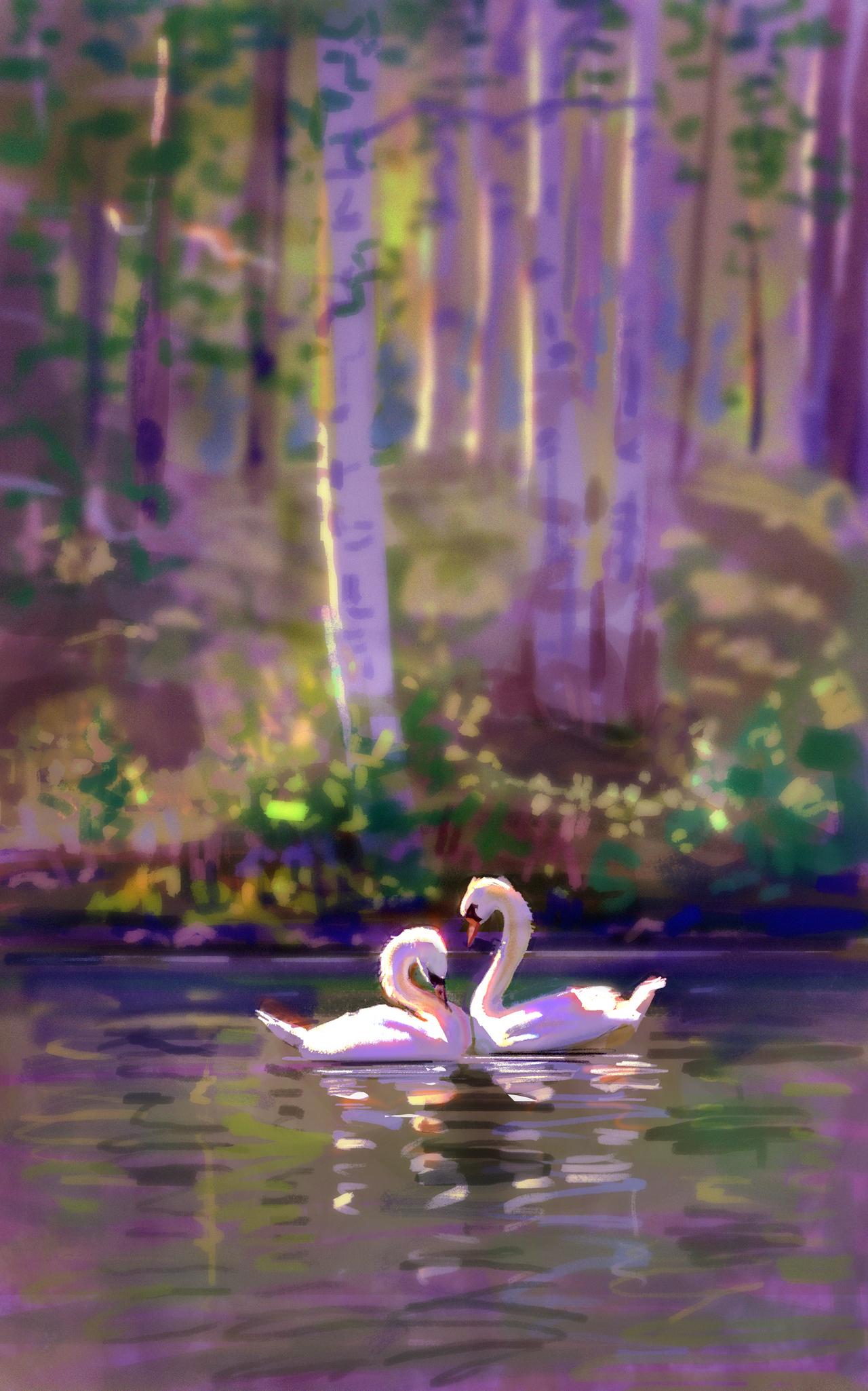 Download mobile wallpaper Pair, Swans, Love, Birds, Art, Couple for free.