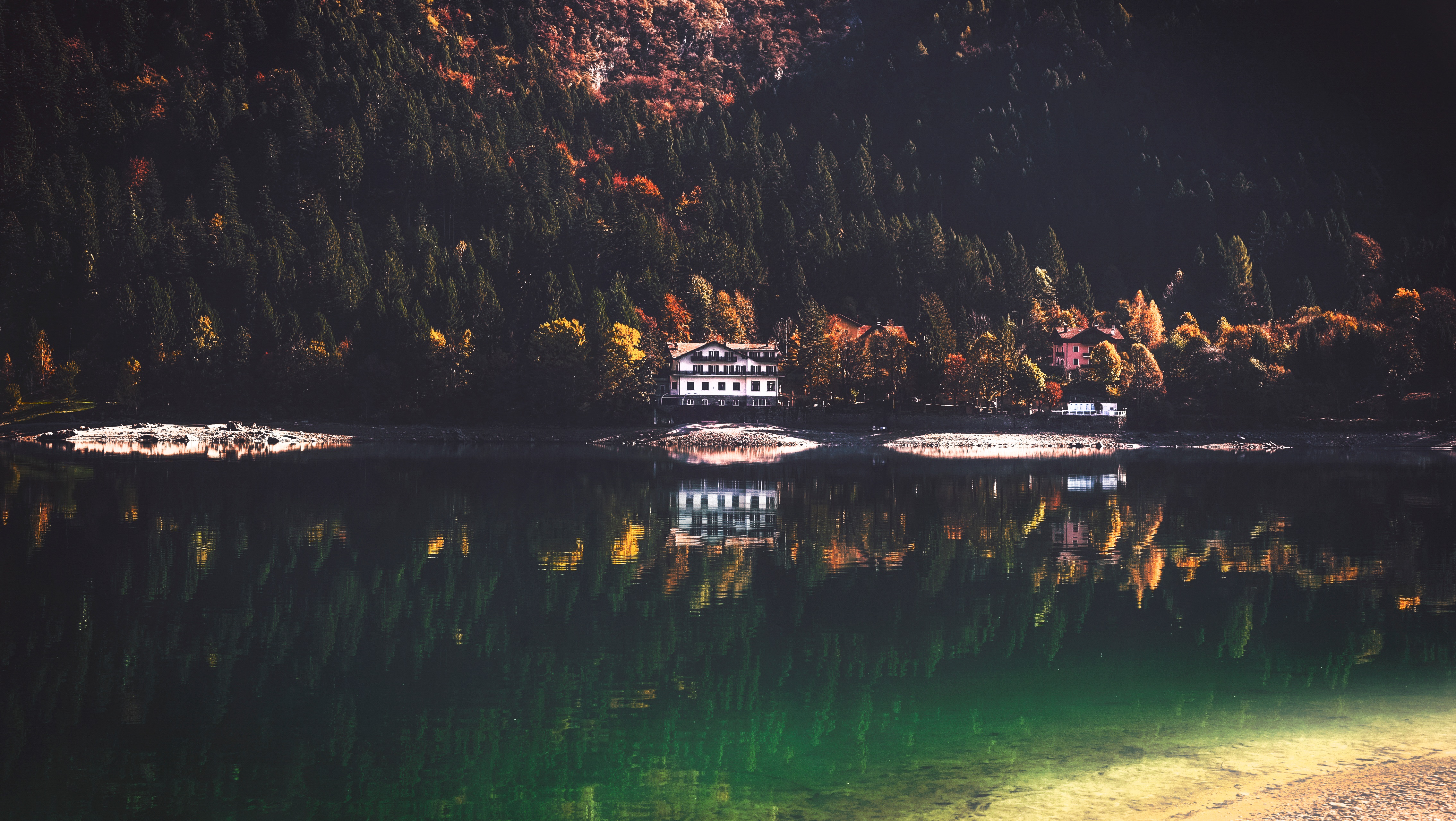 small house, nature, lake, reflection, lodge, elevation for android