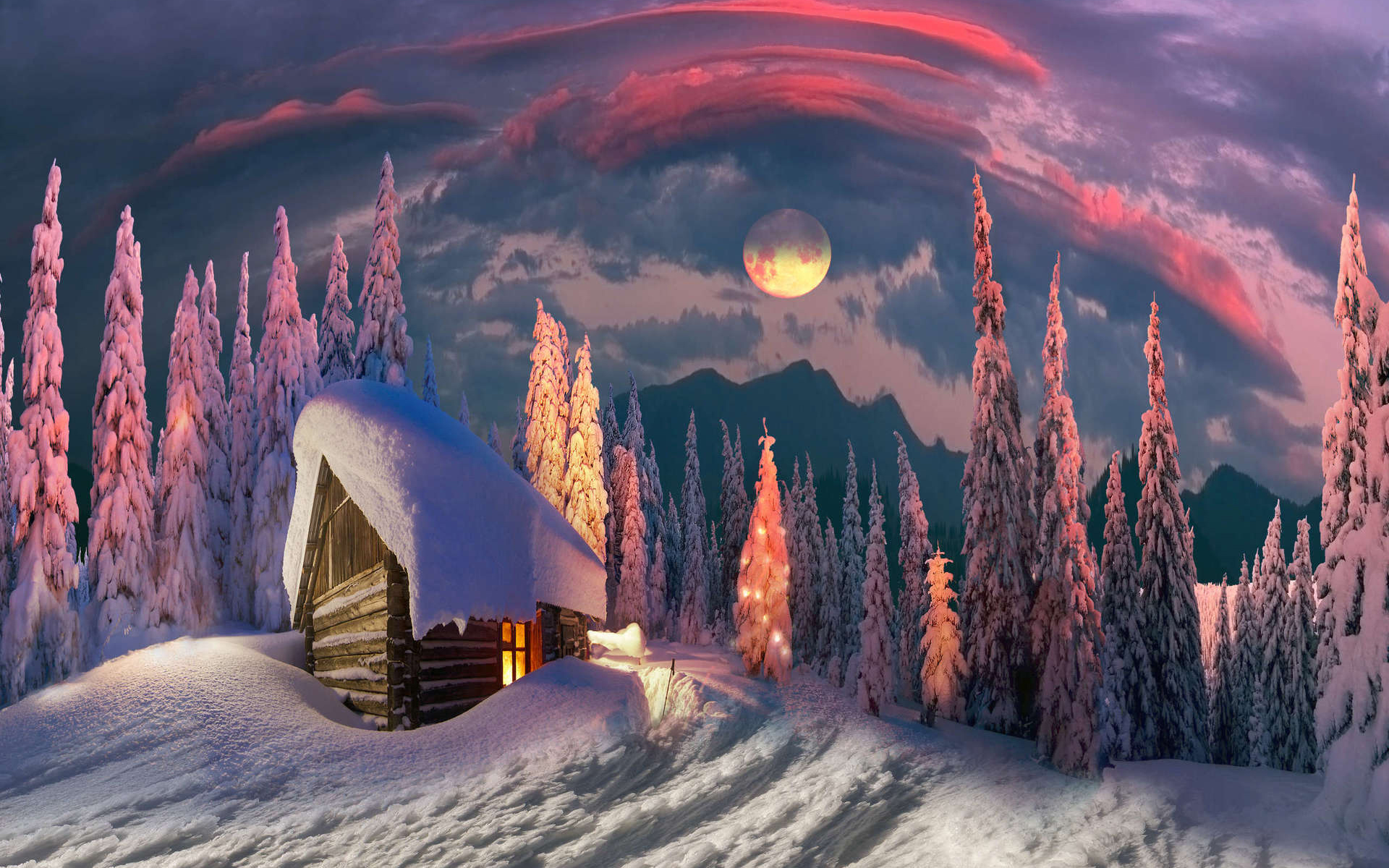 Download mobile wallpaper Winter, Nature, Night, Moon, Forest, House, Photography for free.