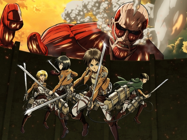 Handy-Wallpaper Animes, Armin Arlert, Eren Jäger, Mikasa Ackermann, Attack On Titan, Kolossaler Titan, Levi Ackermann kostenlos herunterladen.