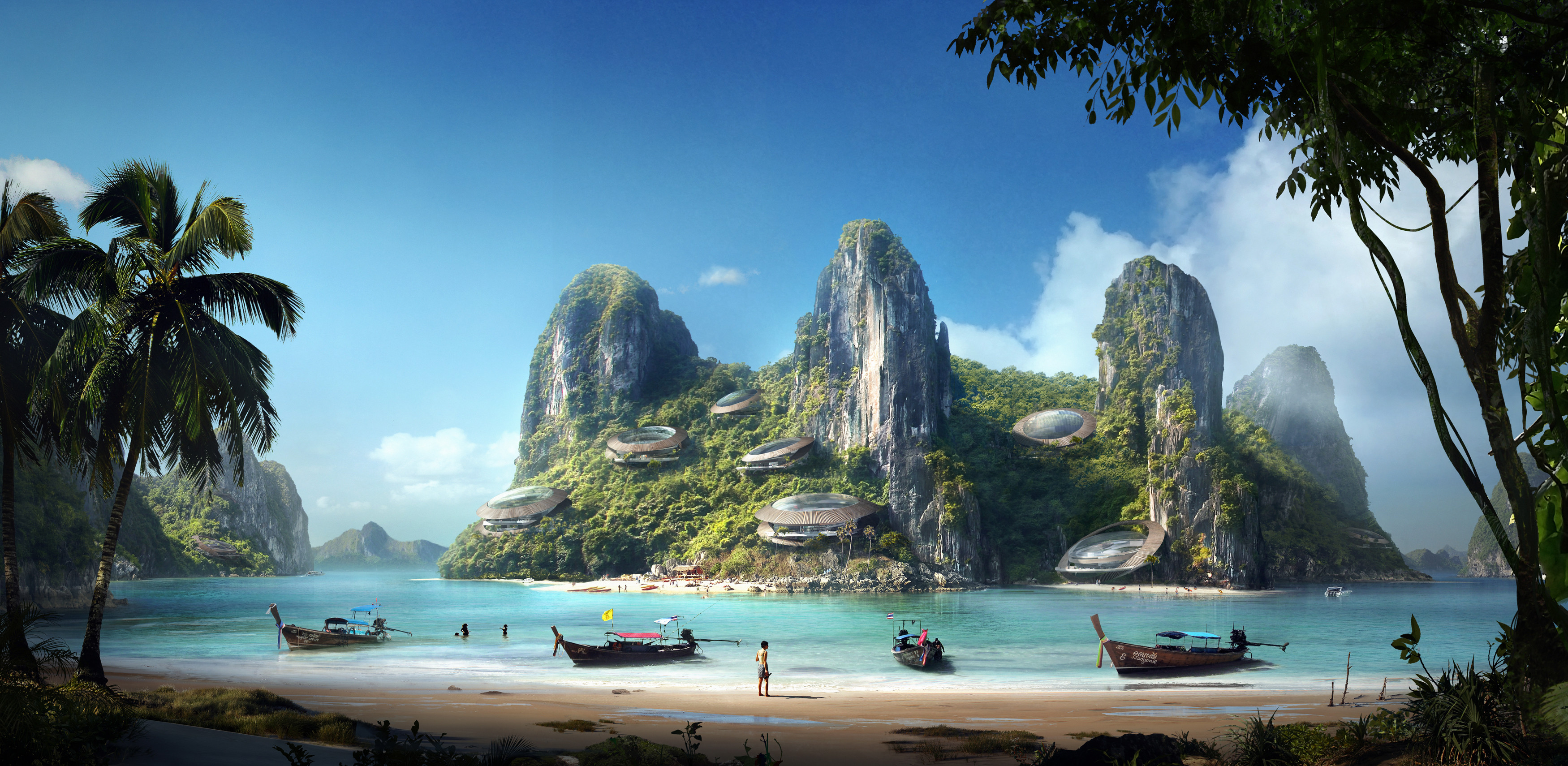 Free download wallpaper Fantasy, Beach, Boat, Island on your PC desktop