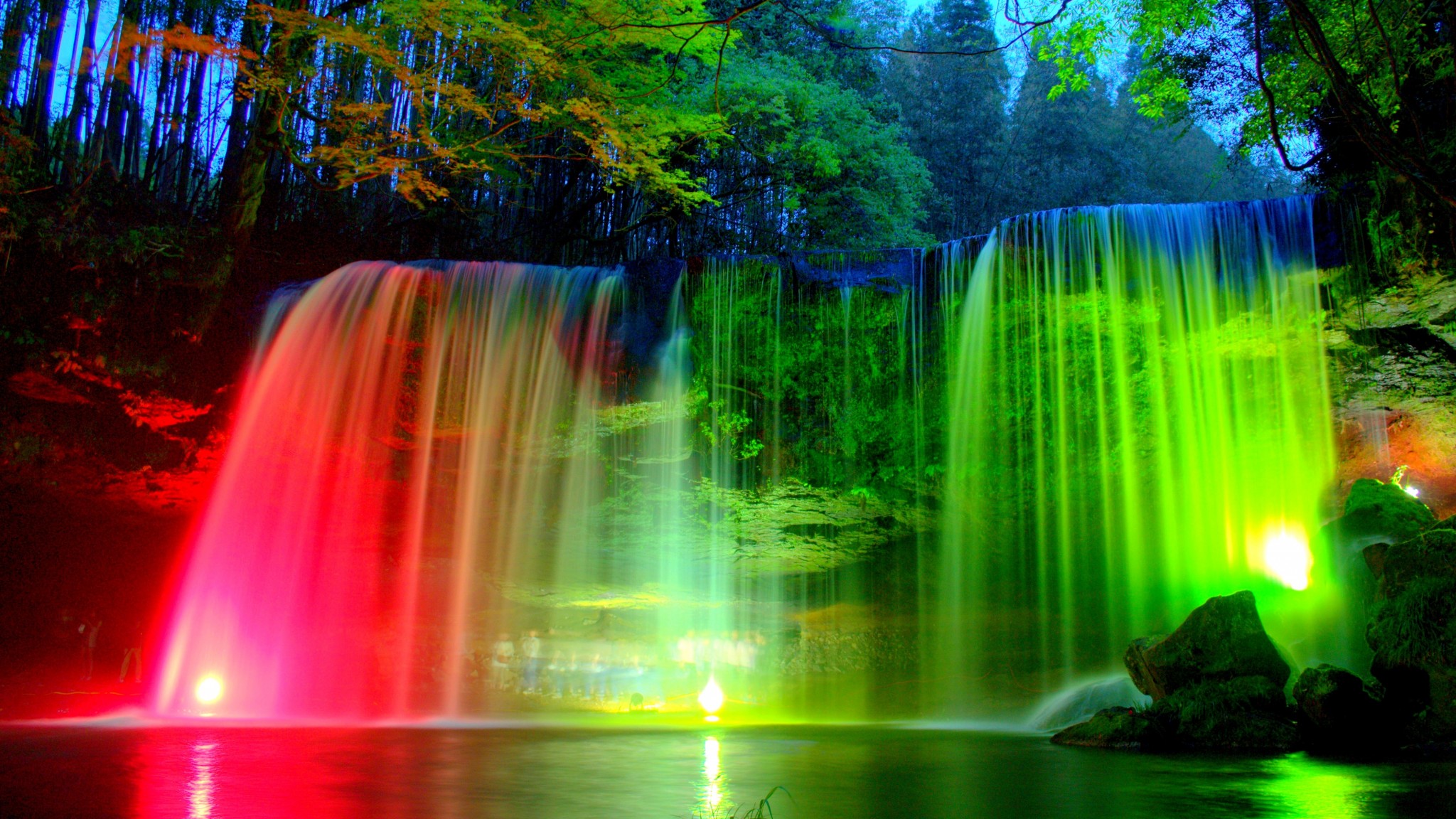 Free download wallpaper Night, Waterfalls, Light, Waterfall, Earth, Colors, Colorful on your PC desktop