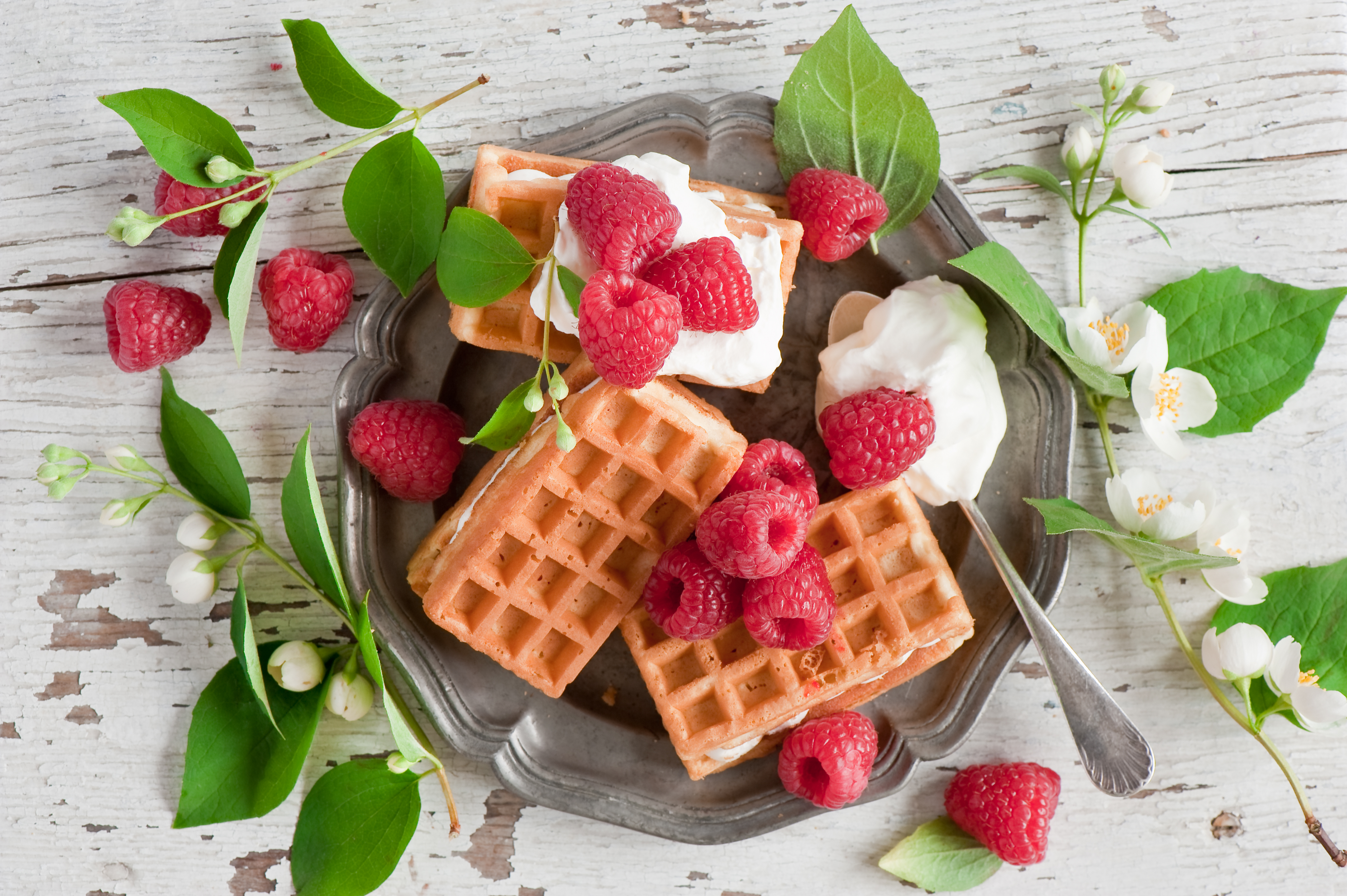 Download mobile wallpaper Food, Raspberry, Still Life, Cream, Berry, Waffle for free.