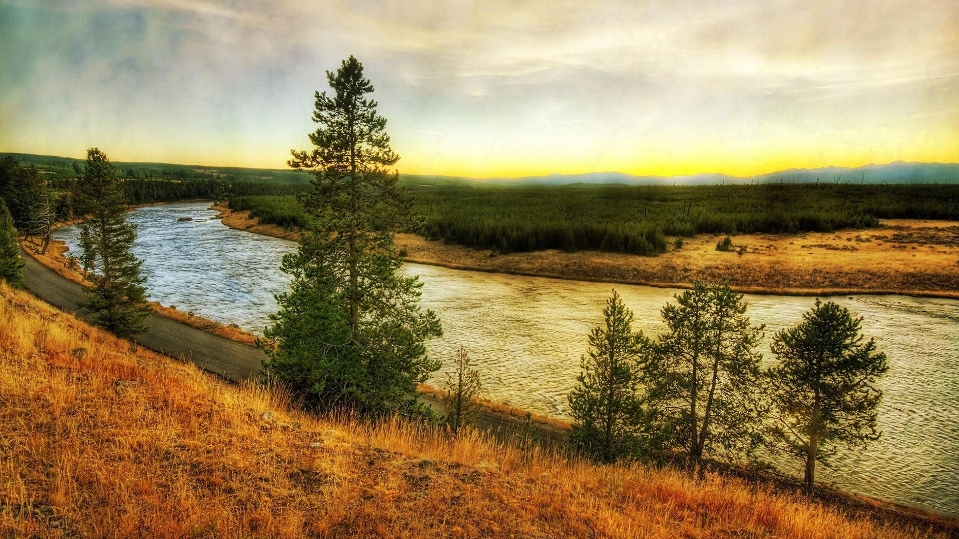 Download mobile wallpaper Landscape, Road, Tree, Earth, Hdr, River for free.