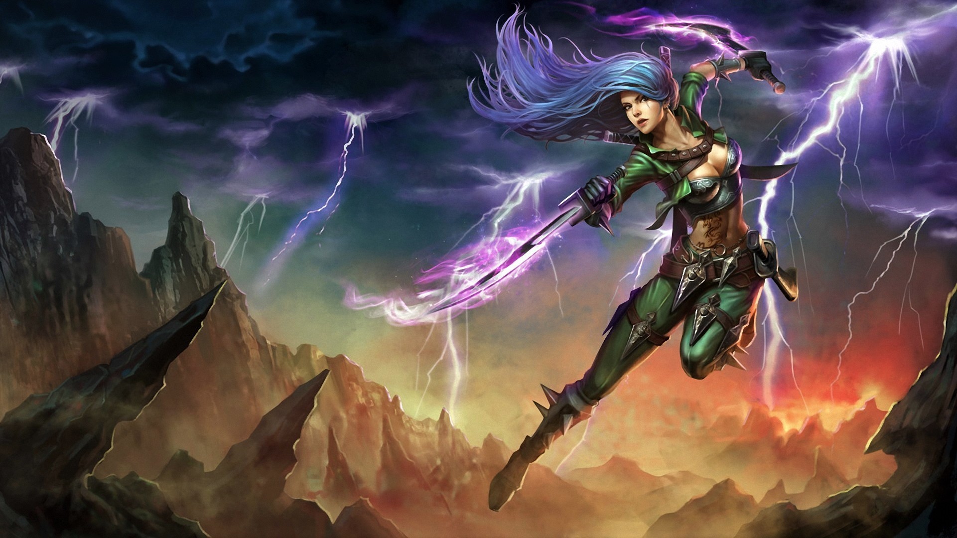 Download mobile wallpaper Fantasy, Lightning, League Of Legends, Sword, Blue Hair, Video Game, Woman Warrior, Katarina (League Of Legends) for free.