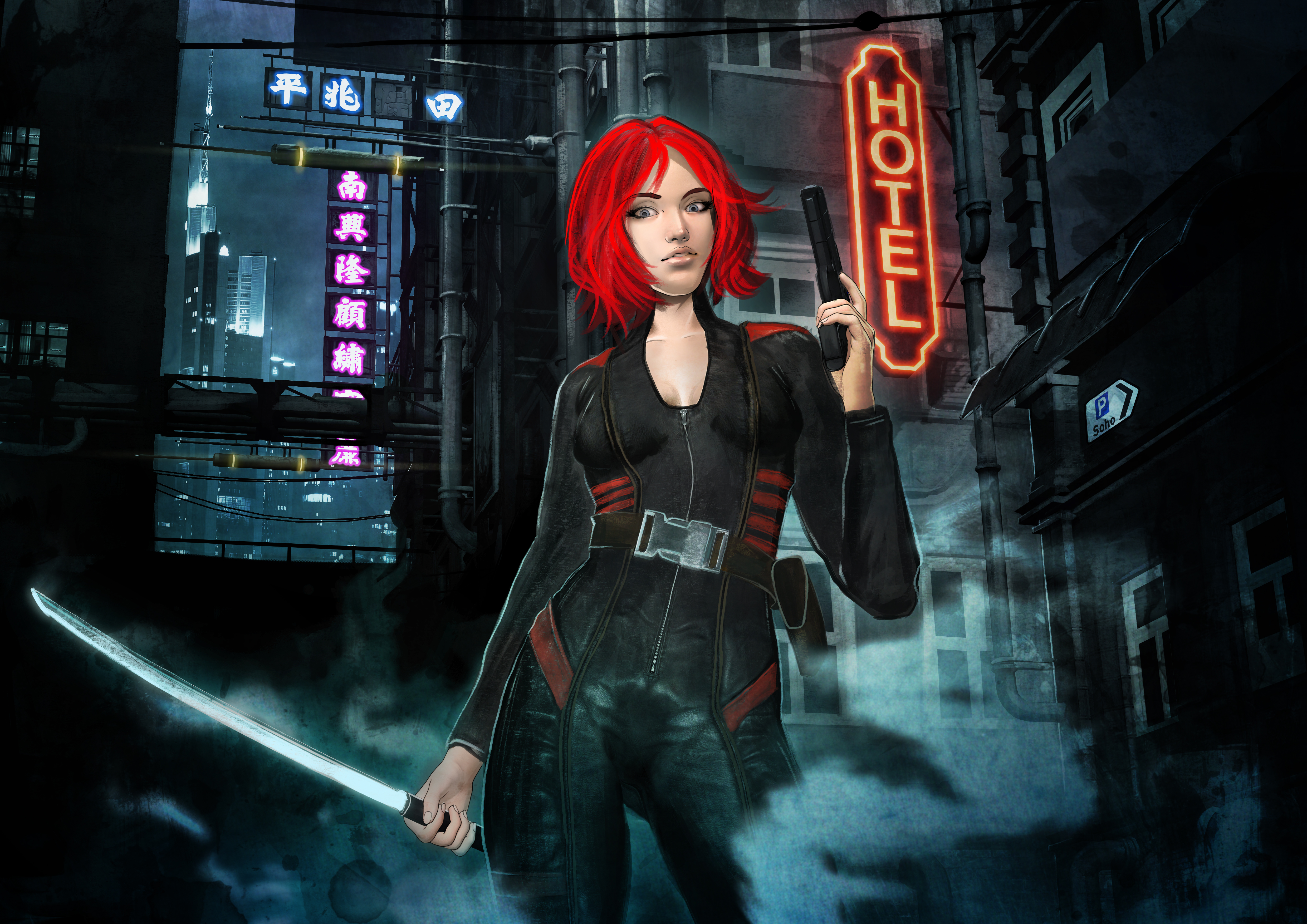 Baixe gratuitamente a imagem Cyberpunk, Ficção Científica, Espada, Cabelo Curto, Cabelo Vermelho, Mulher Guerreira, Futurístico na área de trabalho do seu PC