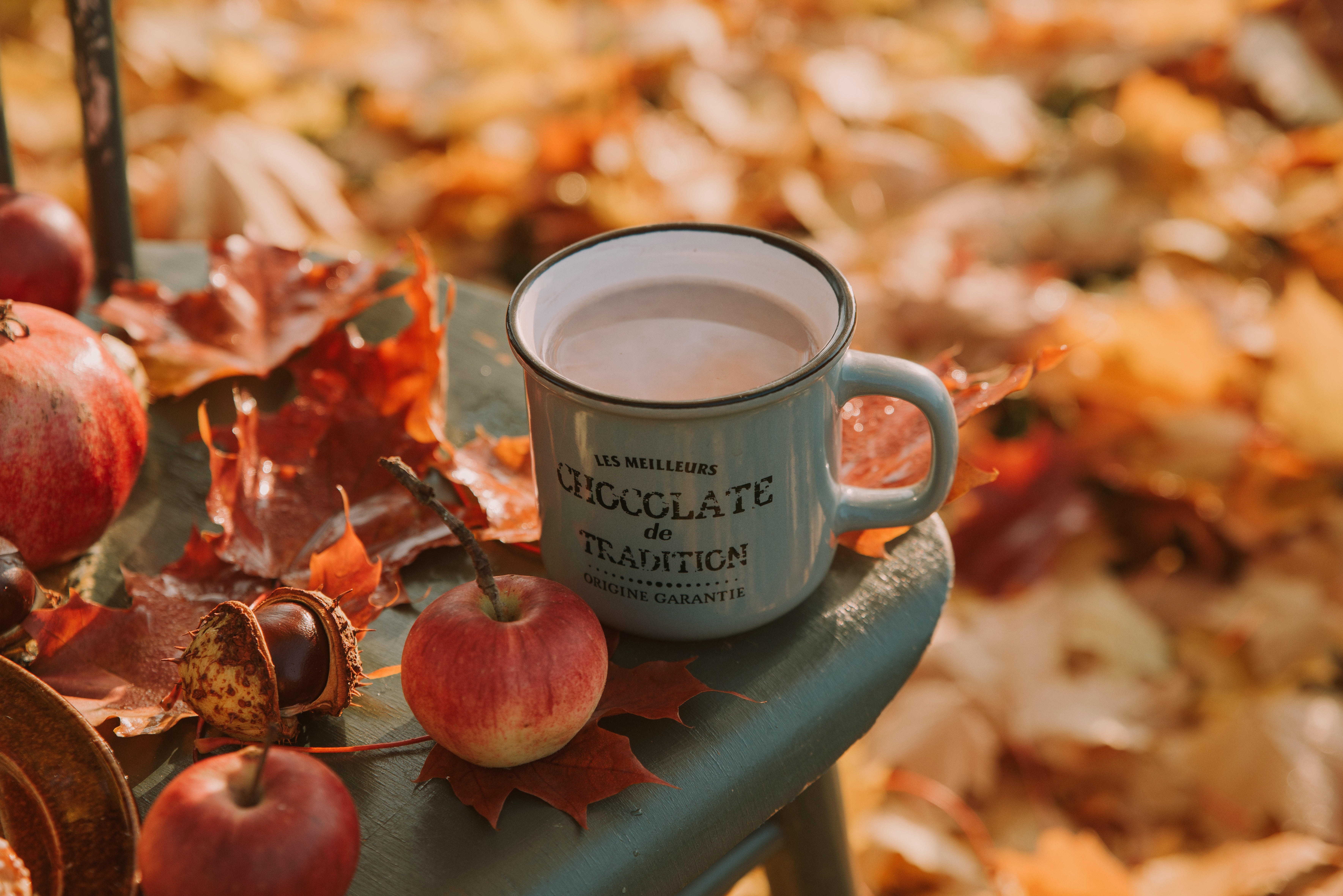 Free download wallpaper Food, Apple, Coffee, Still Life, Cup, Leaf, Fall, Drink on your PC desktop