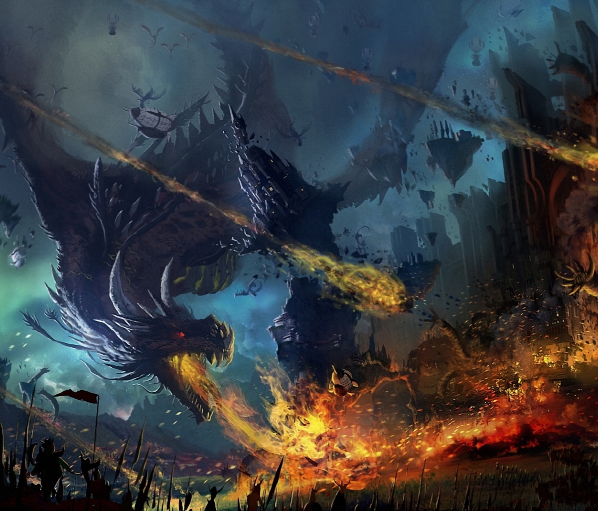 Free download wallpaper Fantasy, Fire, City, Dragon, Warrior, Battle on your PC desktop