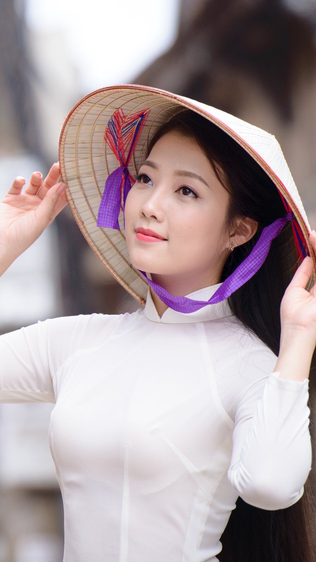 無料モバイル壁紙女性, アジア人, ベトナム語, アオザイ, アジアの円錐形の帽子をダウンロードします。