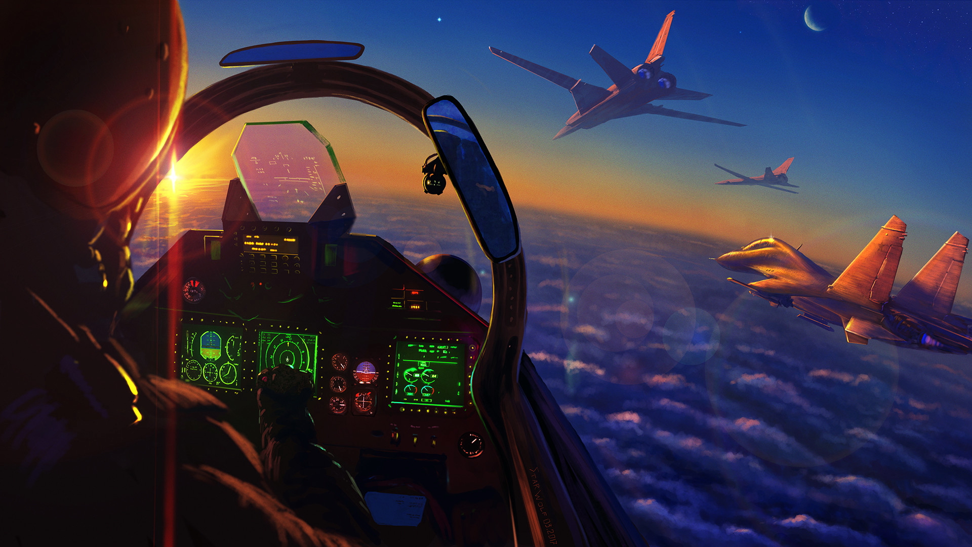 856922 скачать обои военные, художественный, самолёты, бомбардировщик, облака, реактивный истребитель, восход солнца, боевой самолет - заставки и картинки бесплатно