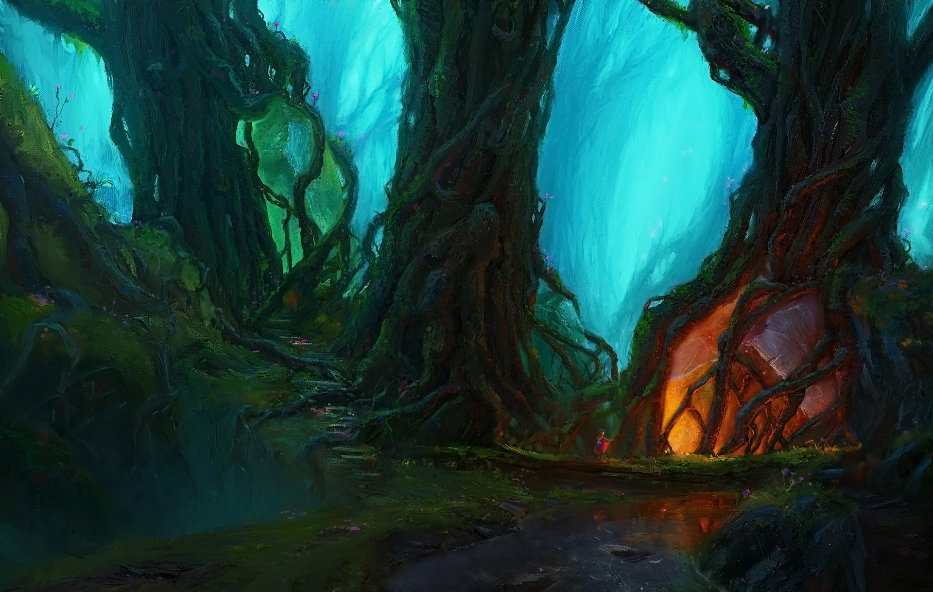 Download mobile wallpaper Landscape, Fantasy, Tree, Cave for free.