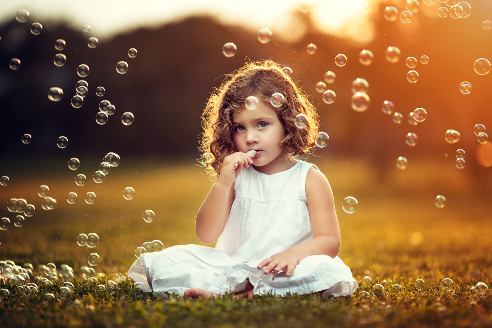 Free download wallpaper Child, Brunette, Photography, Bubble, Little Girl, Depth Of Field, White Dress on your PC desktop