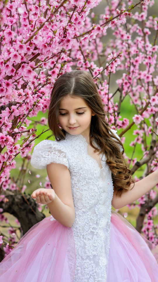 Download mobile wallpaper Child, Photography, Cherry Blossom, Pink Flower for free.